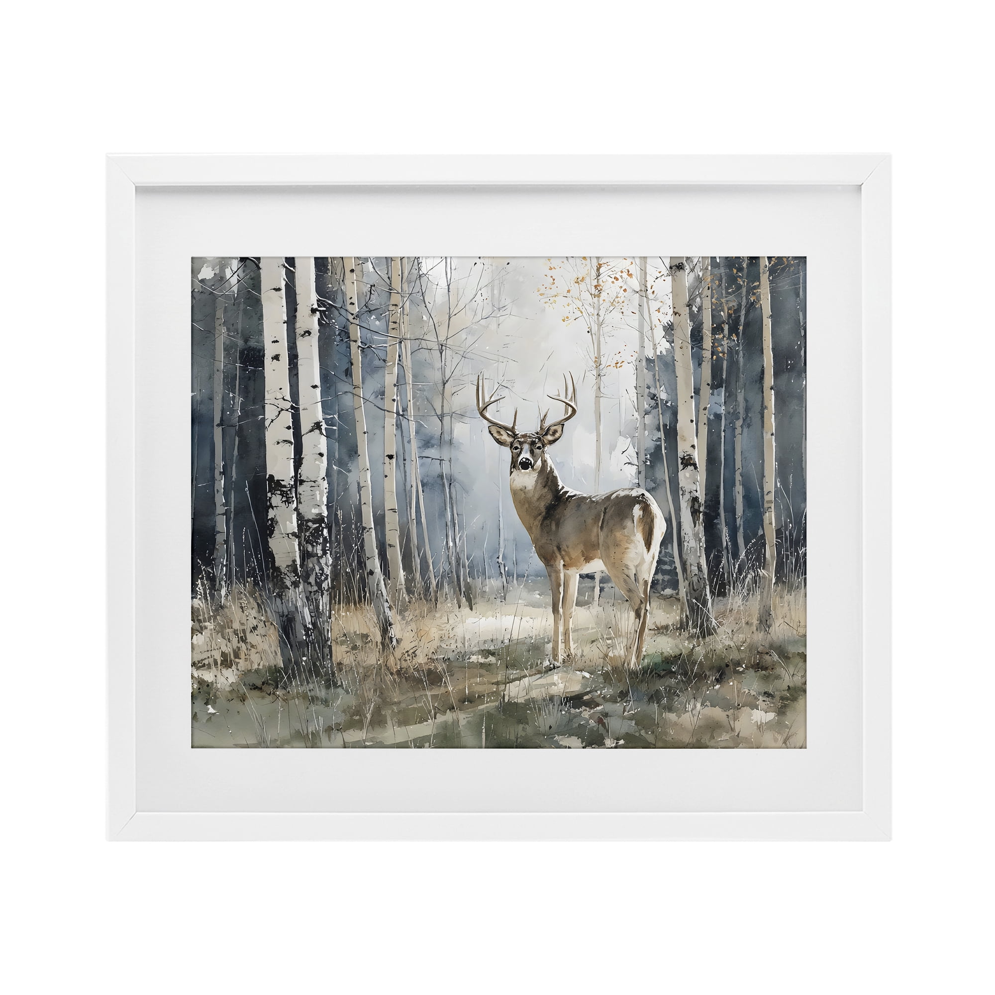 Stupell Industries Lone Stag in Birch Forest White Framed Print Under Glass, design by Franklyn Gregory