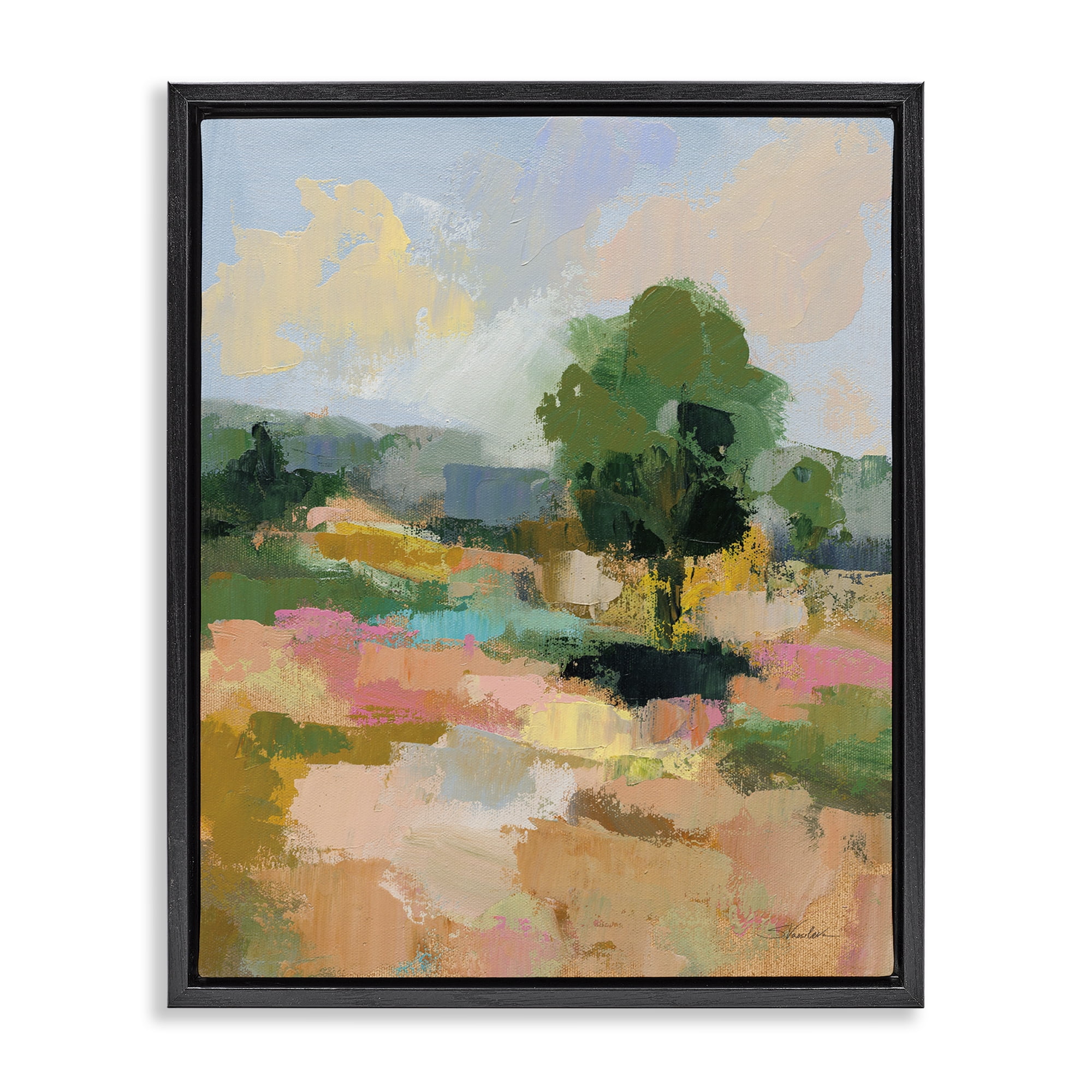 Stupell Industries Lone Tree Abstraction Landscape Painting Black Floater Framed Art Print Wall Art, 25 x 31