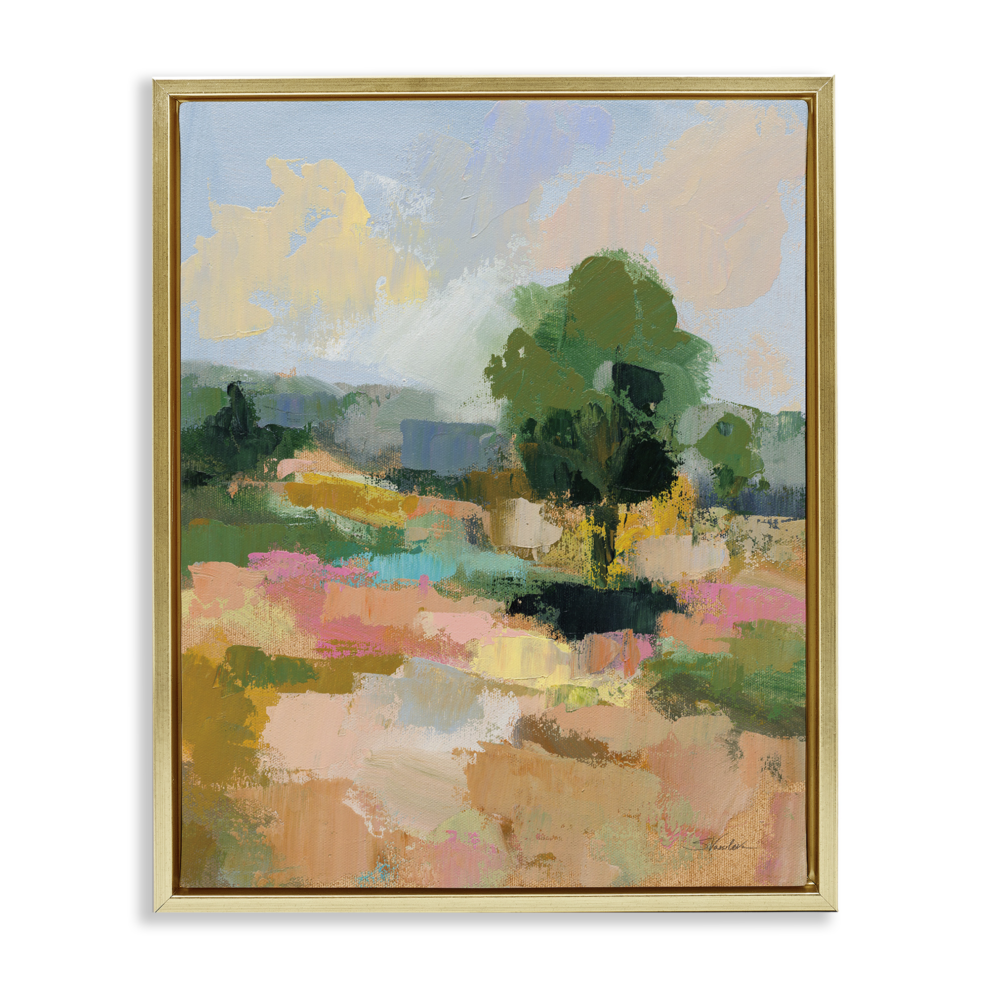 Stupell Industries Lone Tree Abstraction Landscape Painting Gold Floater Framed Art Print Wall Art, 17 x 21