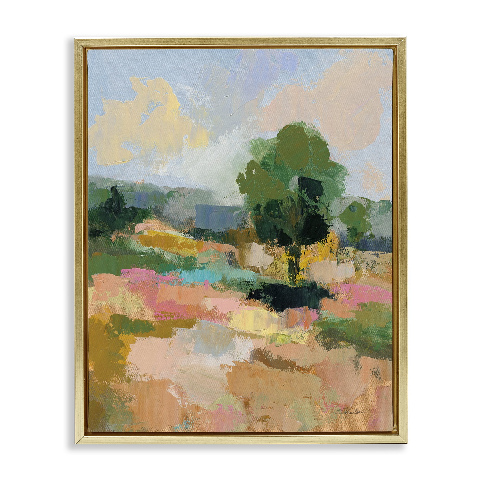 Stupell Industries Lone Tree Abstraction Landscape Painting Gold Floater Framed Art Print Wall Art, 25 x 31