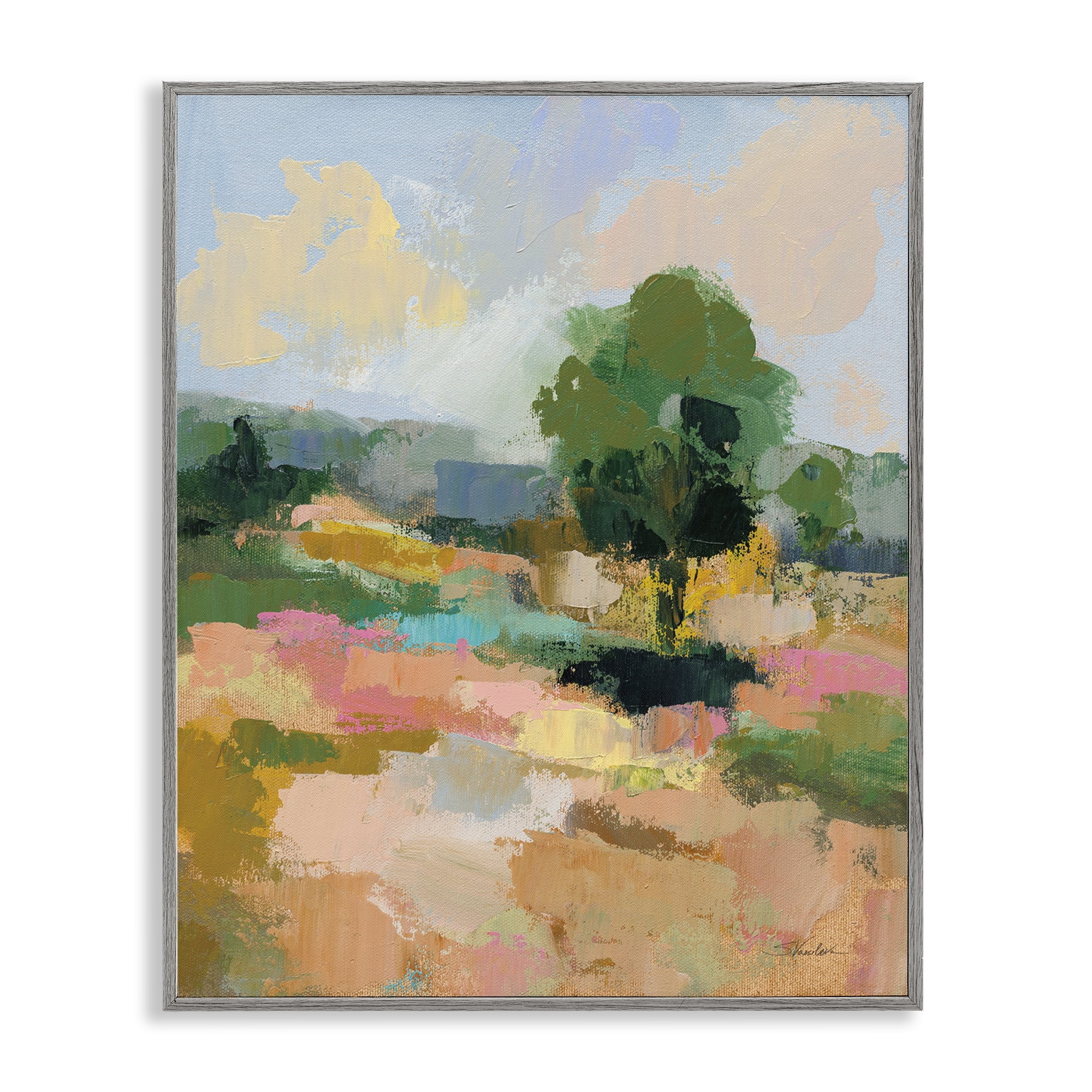 Stupell Industries Lone Tree Abstraction Landscape Painting Gray Framed Art Print Wall Art, 16 x 20