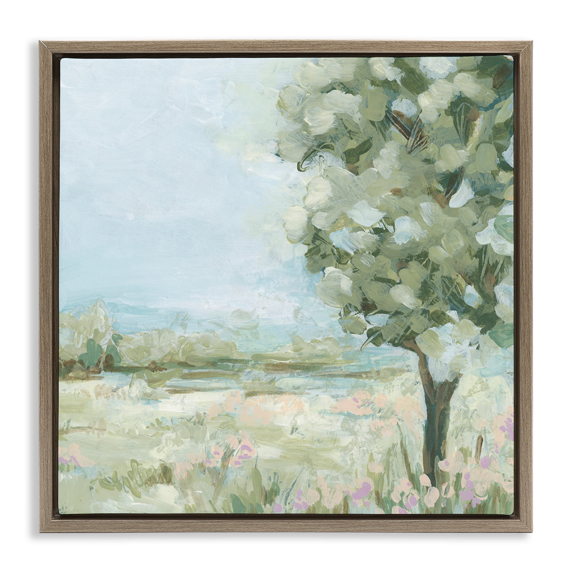 Stupell Industries Lone Tree by Field Landscape & Nature Painting Brown Floater Framed Canvas Art Print Wall Art, 18 x 18