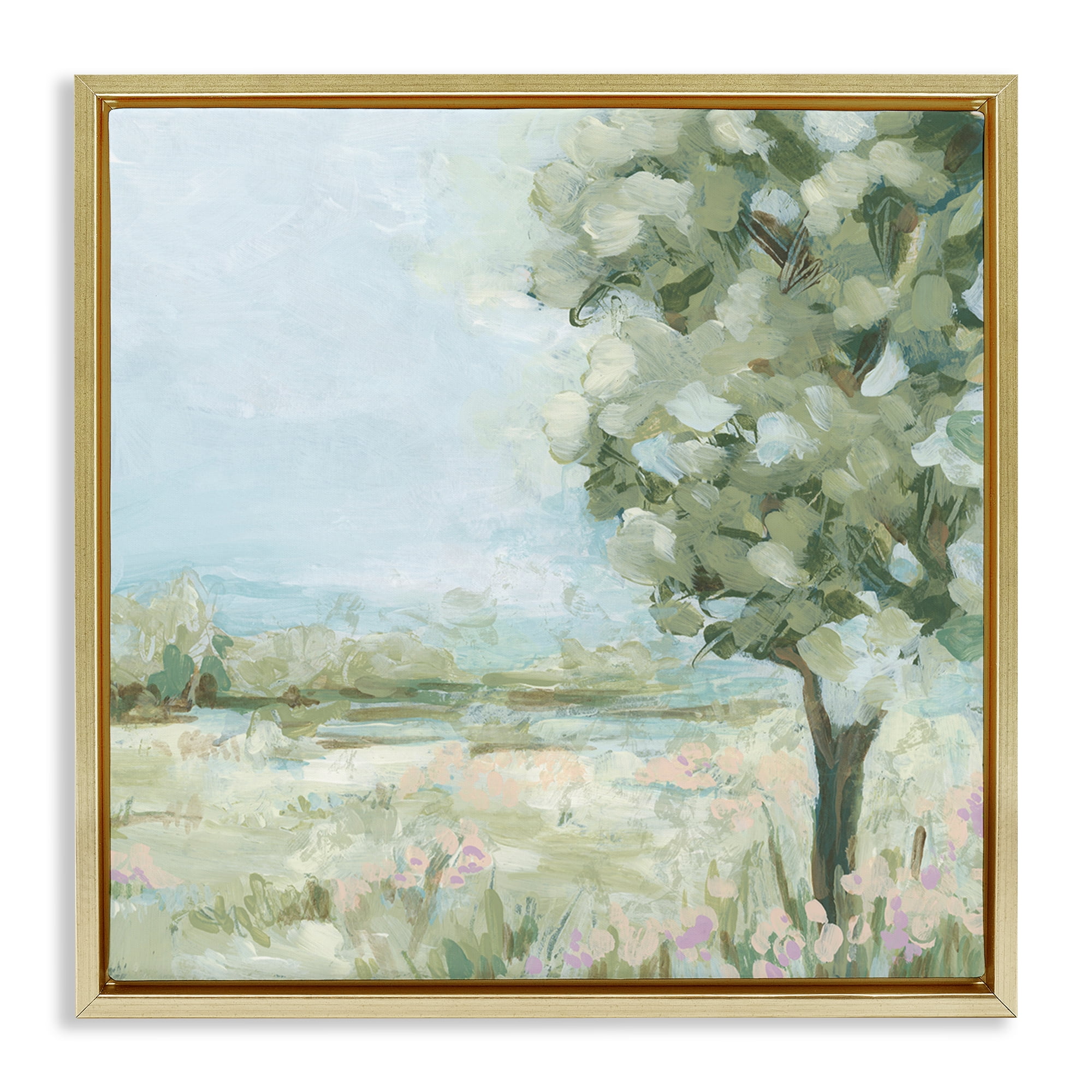 Stupell Industries Lone Tree by Field Landscape & Nature Painting Gold Floater Framed Canvas Art Print Wall Art, 25 x 25
