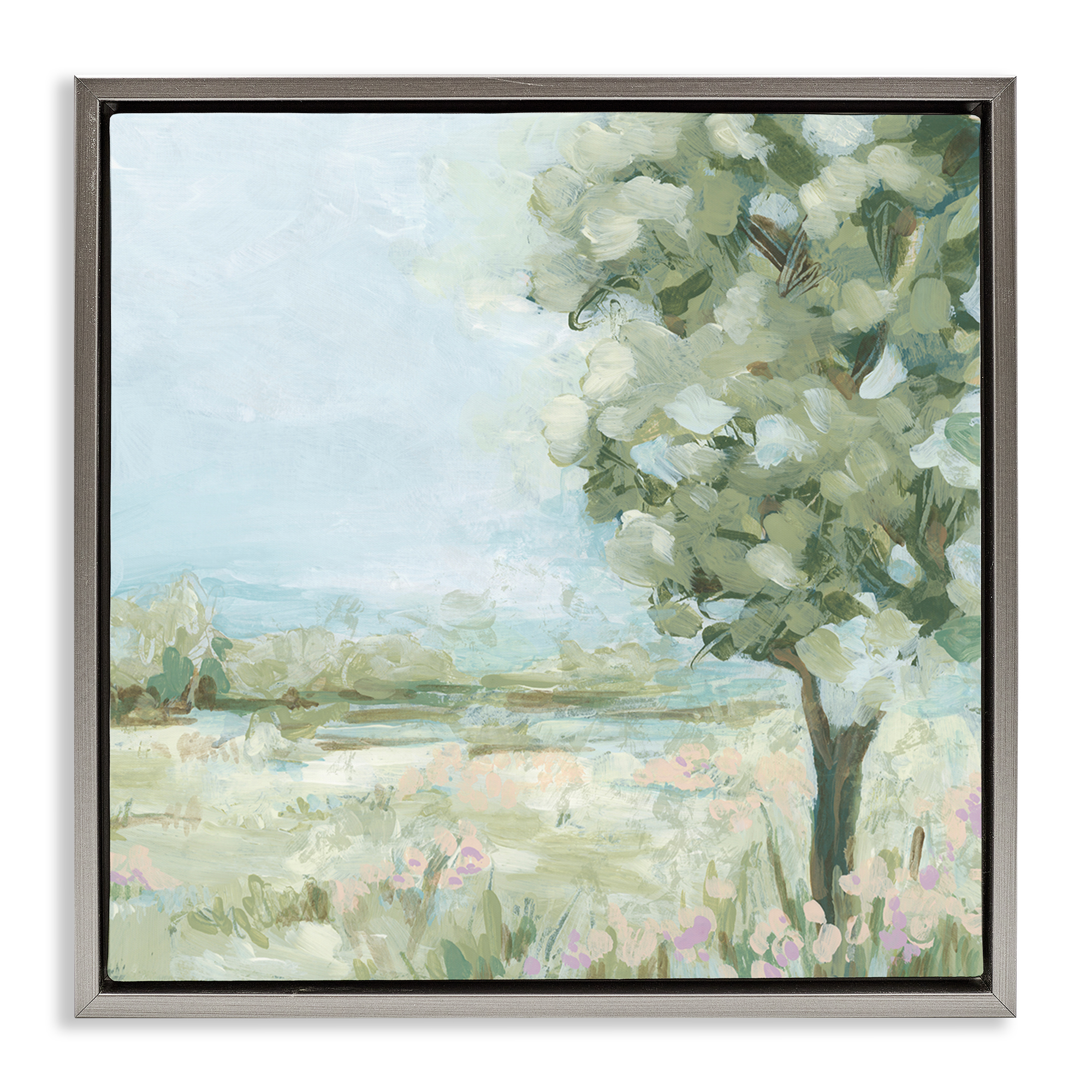 Stupell Industries Lone Tree by Field Landscape & Nature Painting Gray Floater Framed Canvas Art Print Wall Art, 18 x 18