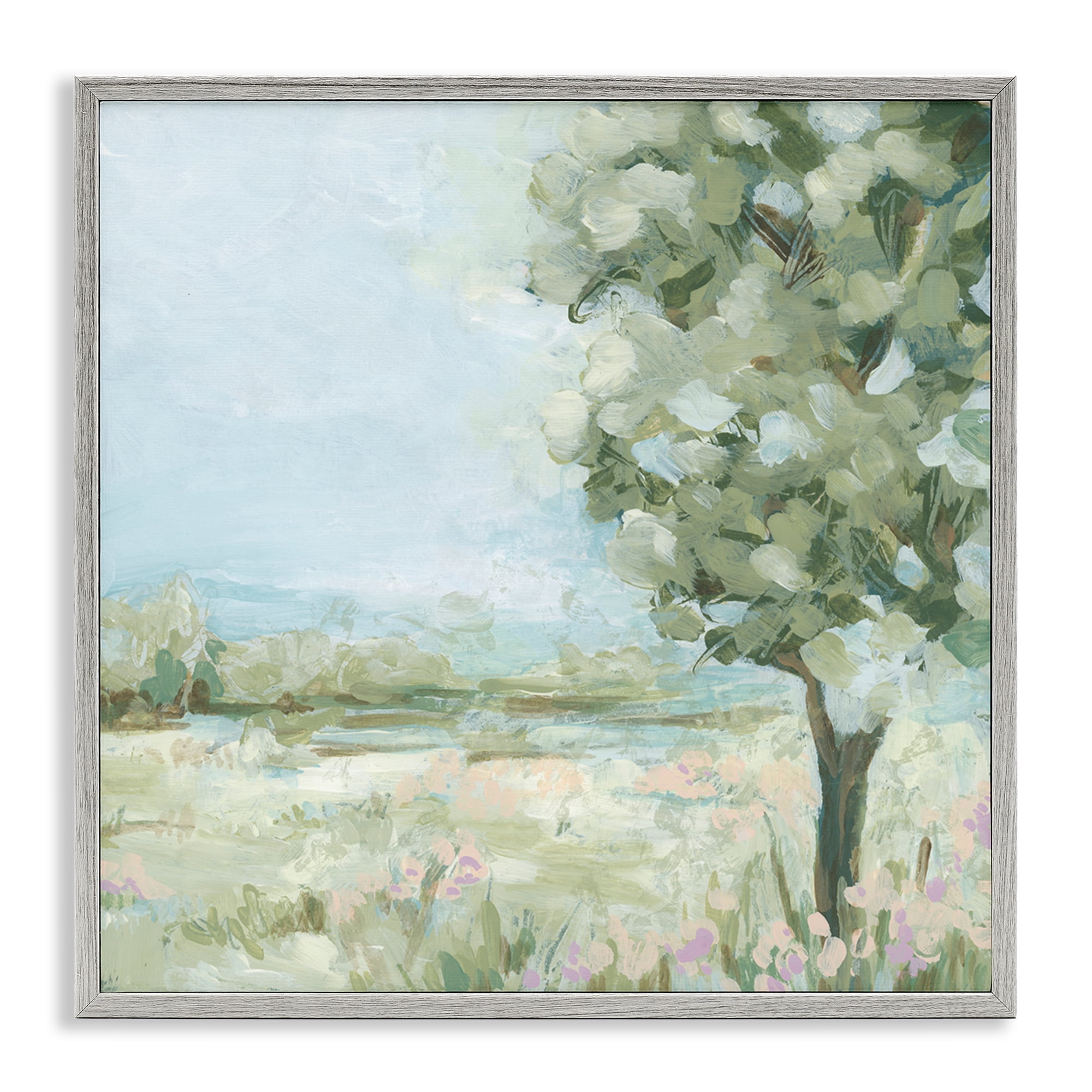 Stupell Industries Lone Tree by Field Landscape & Nature Painting Gray Framed Art Print Wall Art, 12 x 12