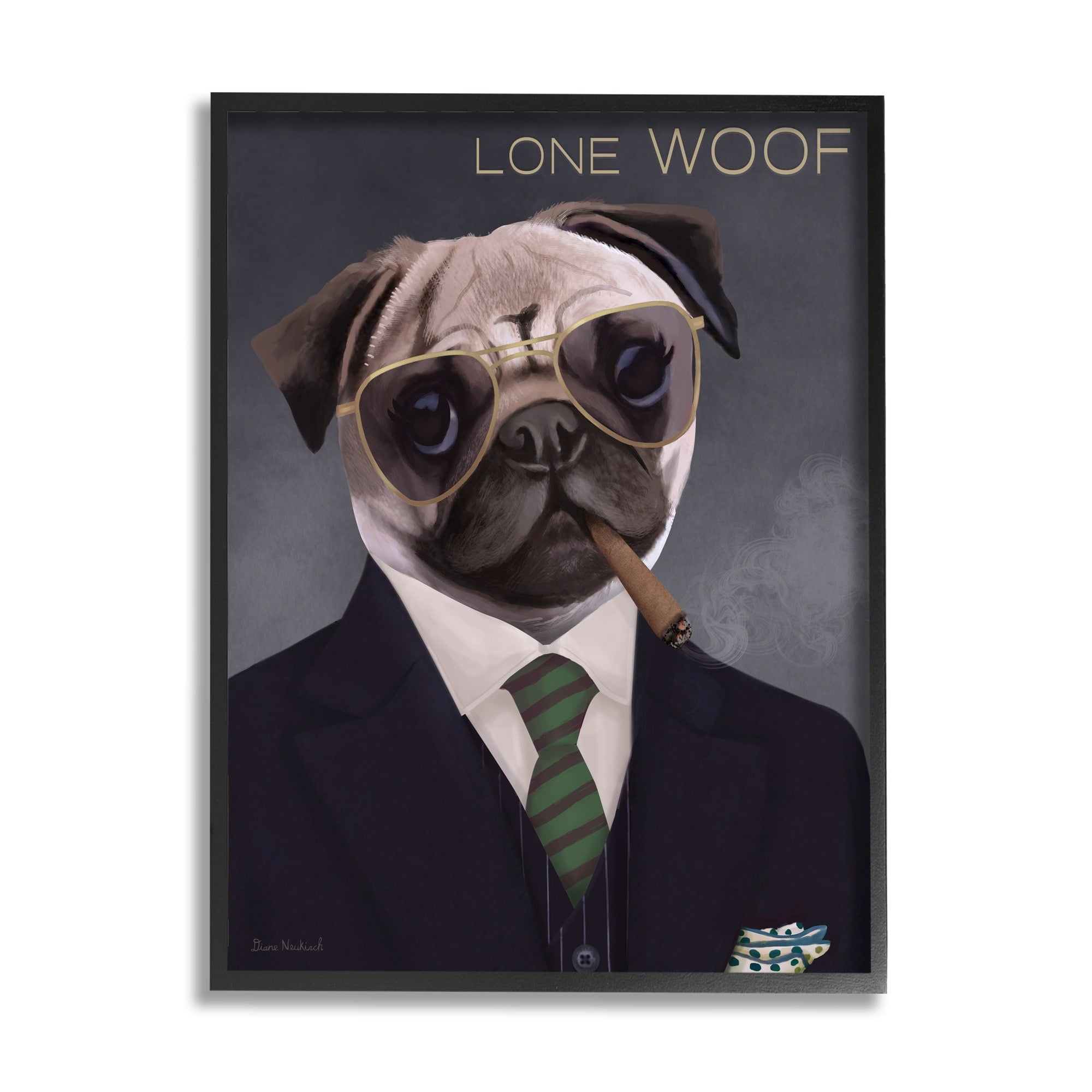 Stupell Industries Lone Woof Pug Dog Smoking Cigar Necktie Graphic Art Black Framed Art Print Wall Art, Design by Diane Neukirch