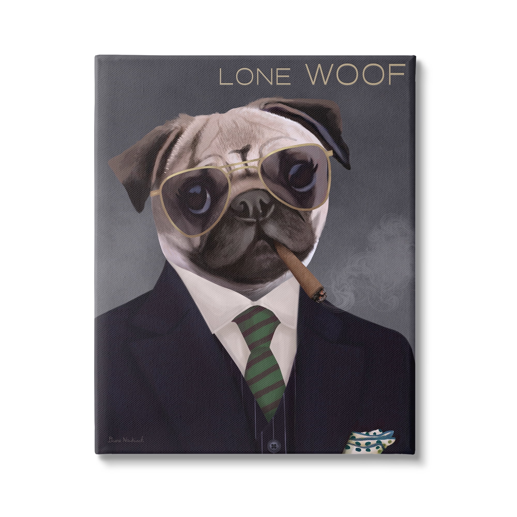 Stupell Industries Lone Woof Pug Dog Smoking Cigar Necktie Graphic Art Gallery Wrapped Canvas Print Wall Art, Design by Diane Neukirch