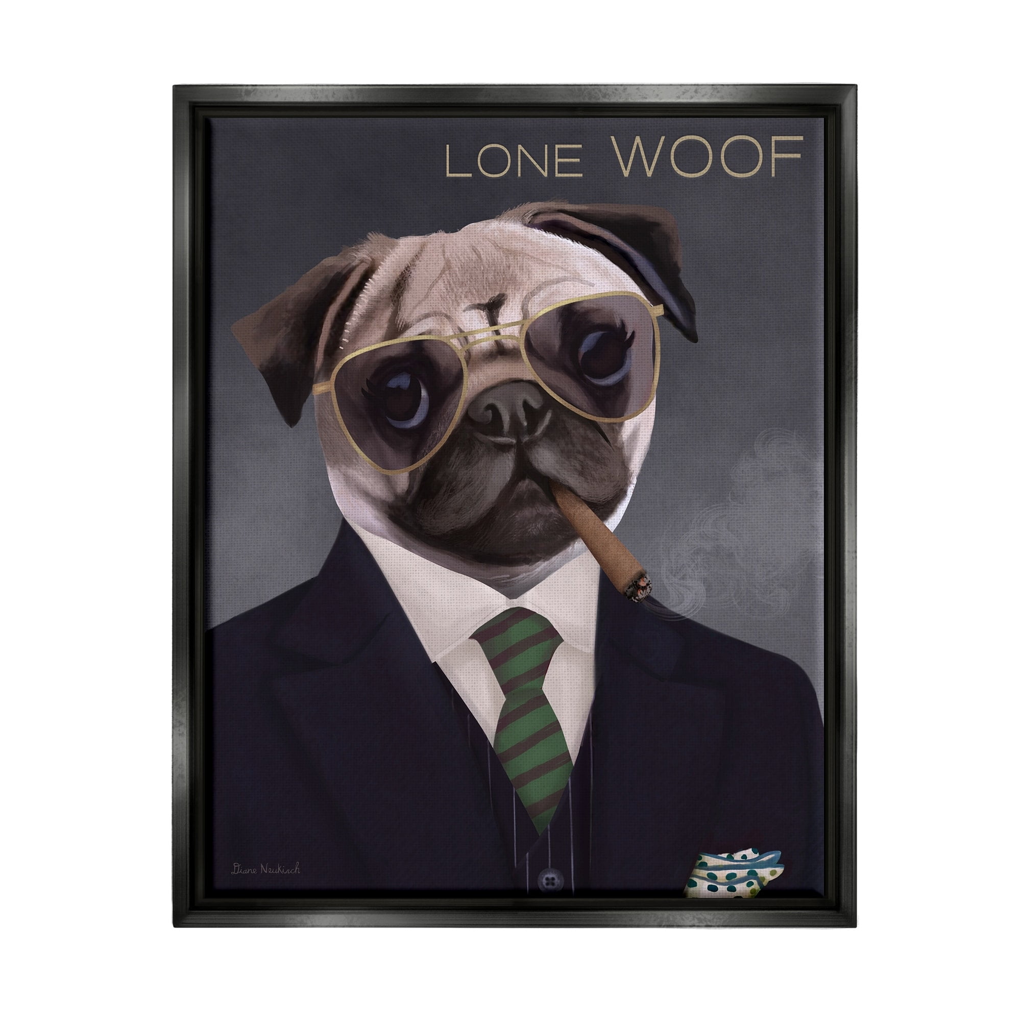 Stupell Industries Lone Woof Pug Dog Smoking Cigar Necktie Graphic Art Jet Black Floating Framed Canvas Print Wall Art, Design by Diane Neukirch