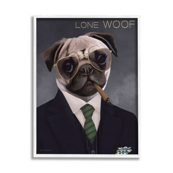 Stupell Industries Lone Woof Pug Dog Smoking Cigar Necktie Graphic Art White Framed Art Print Wall Art, Design by Diane Neukirch