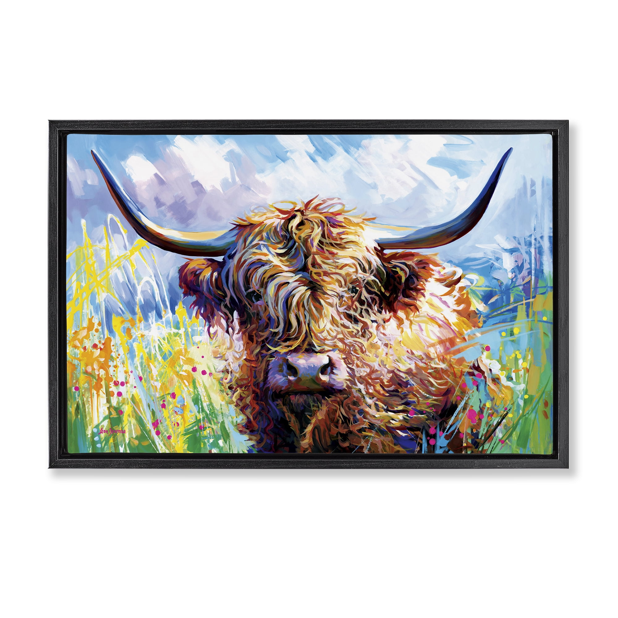 Stupell Industries Long Haired Highland Cattle Animals & Insects Painting Black Floater Framed Canvas Art Print Wall Art, 25 x 17