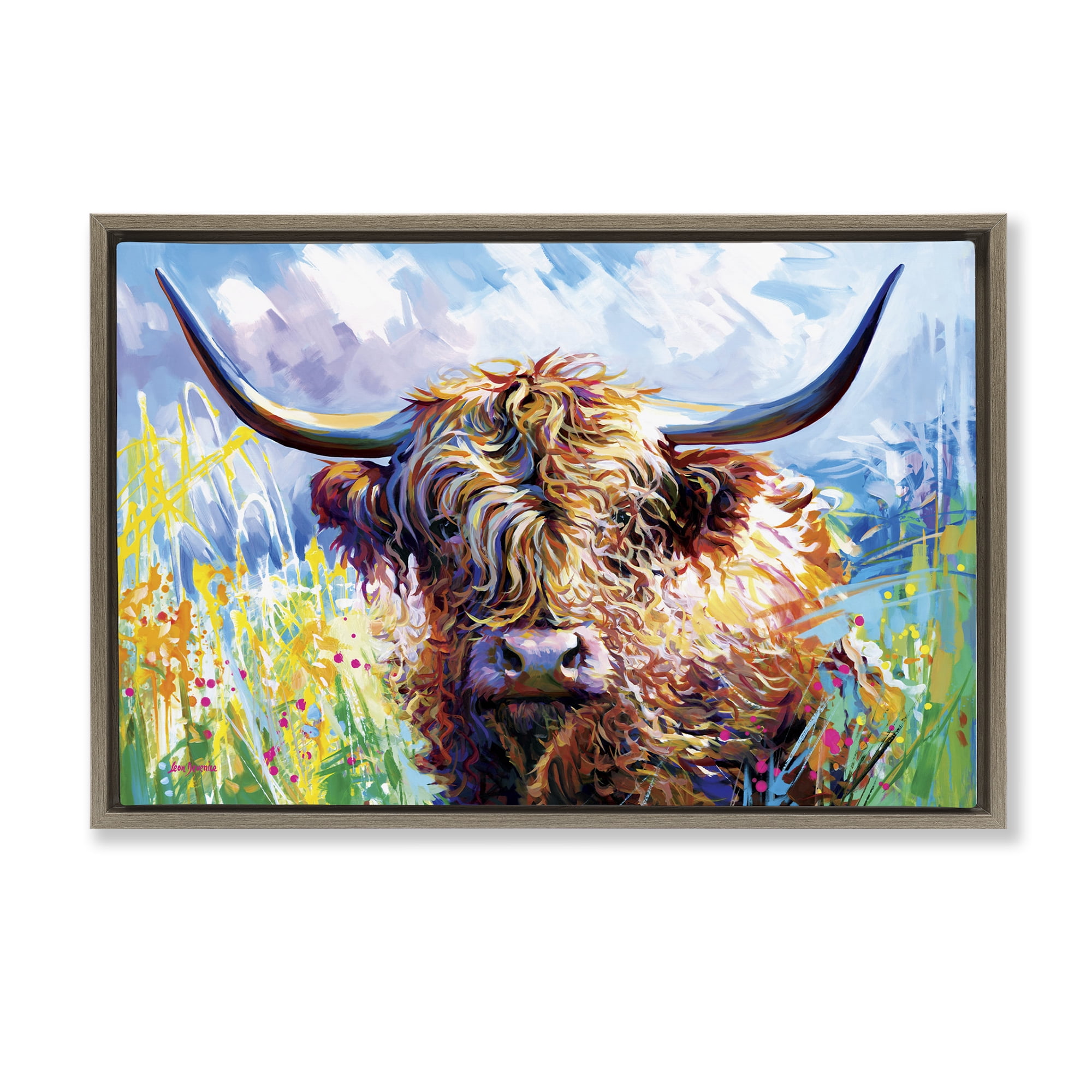 Stupell Industries Long Haired Highland Cattle Animals & Insects Painting Brown Floater Framed Canvas Art Print Wall Art, 31 x 21