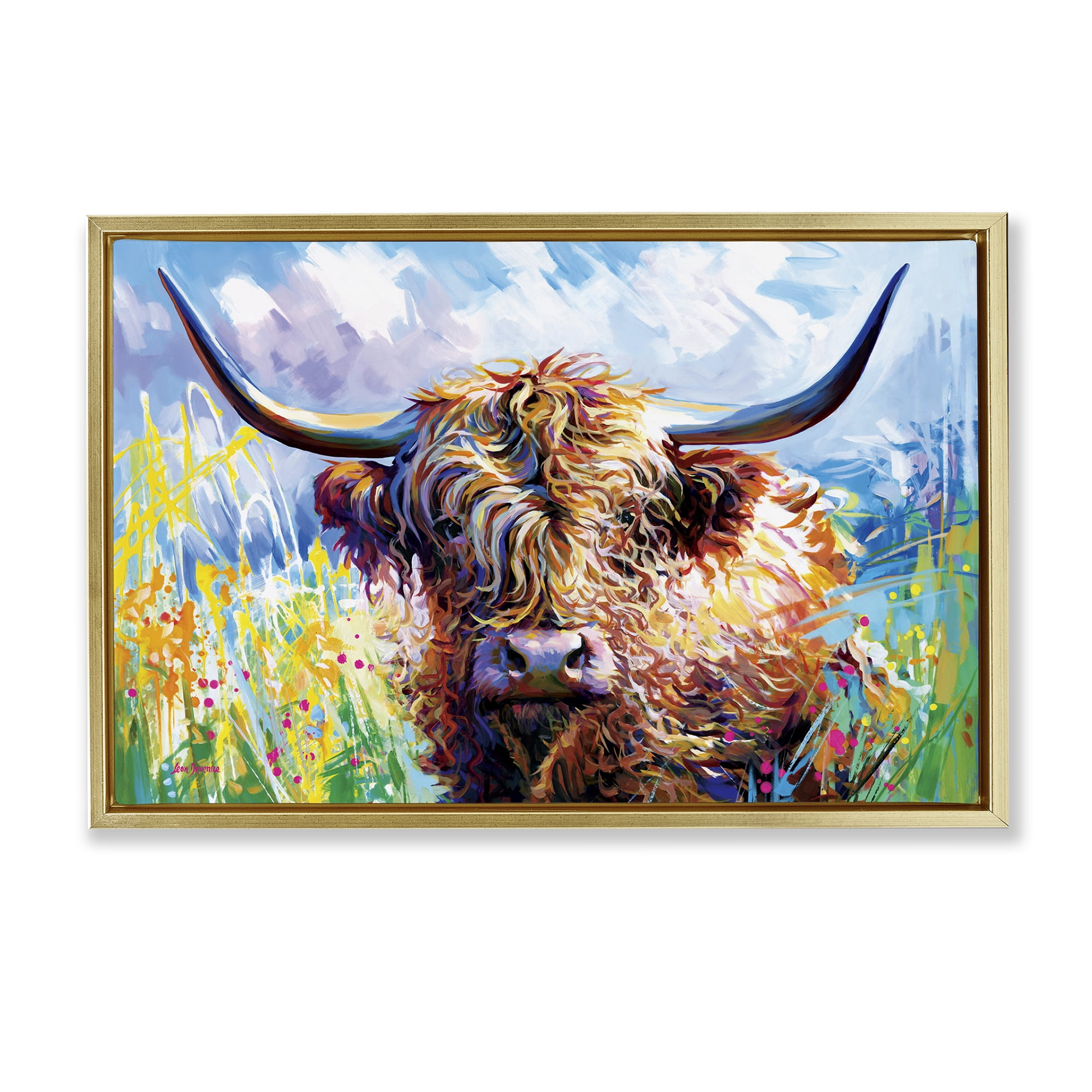 Stupell Industries Long Haired Highland Cattle Animals & Insects Painting Gold Floater Framed Canvas Art Print Wall Art, 31 x 21