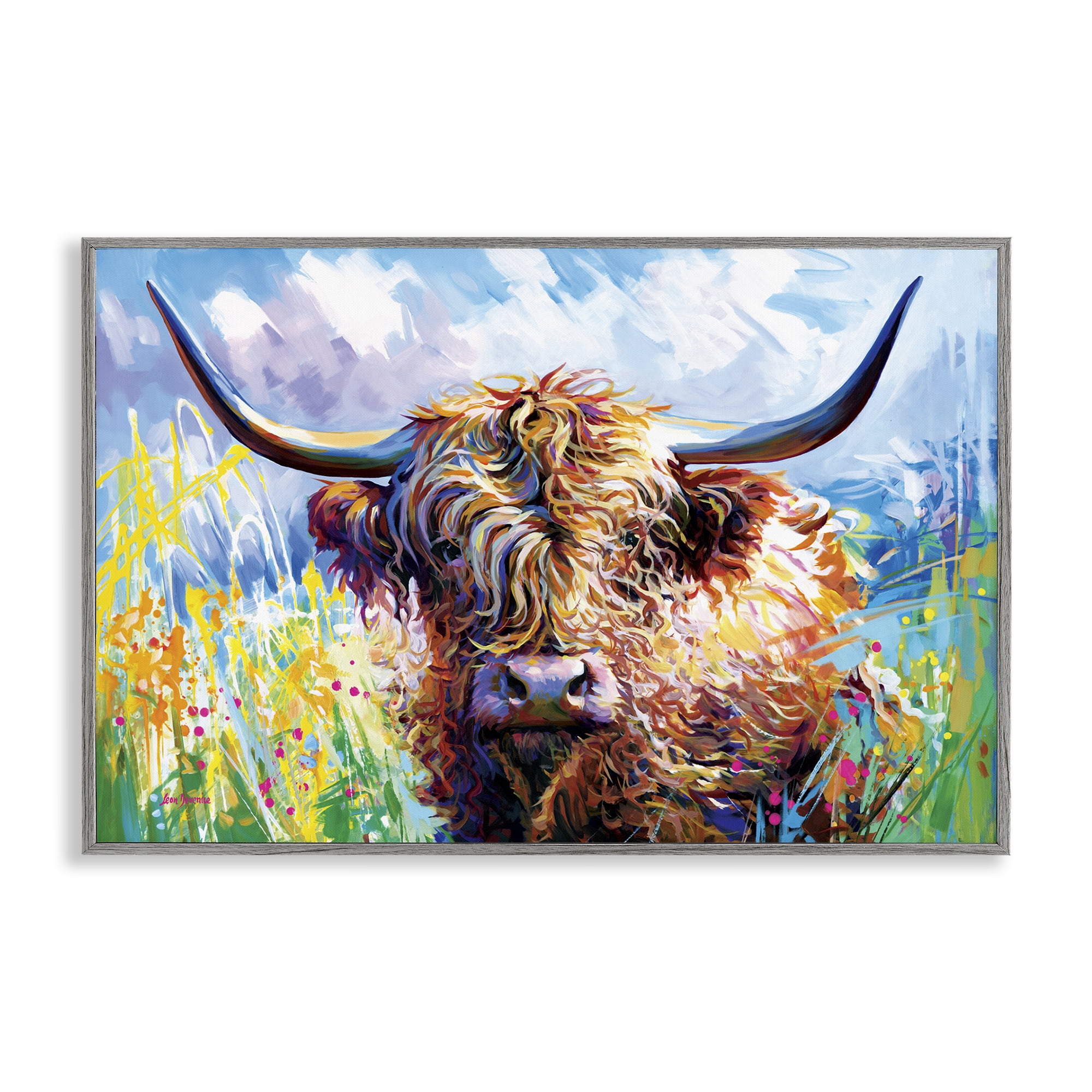 Stupell Industries Long Haired Highland Cattle Animals & Insects Painting Gray Framed Art Print Wall Art, 24 x 16