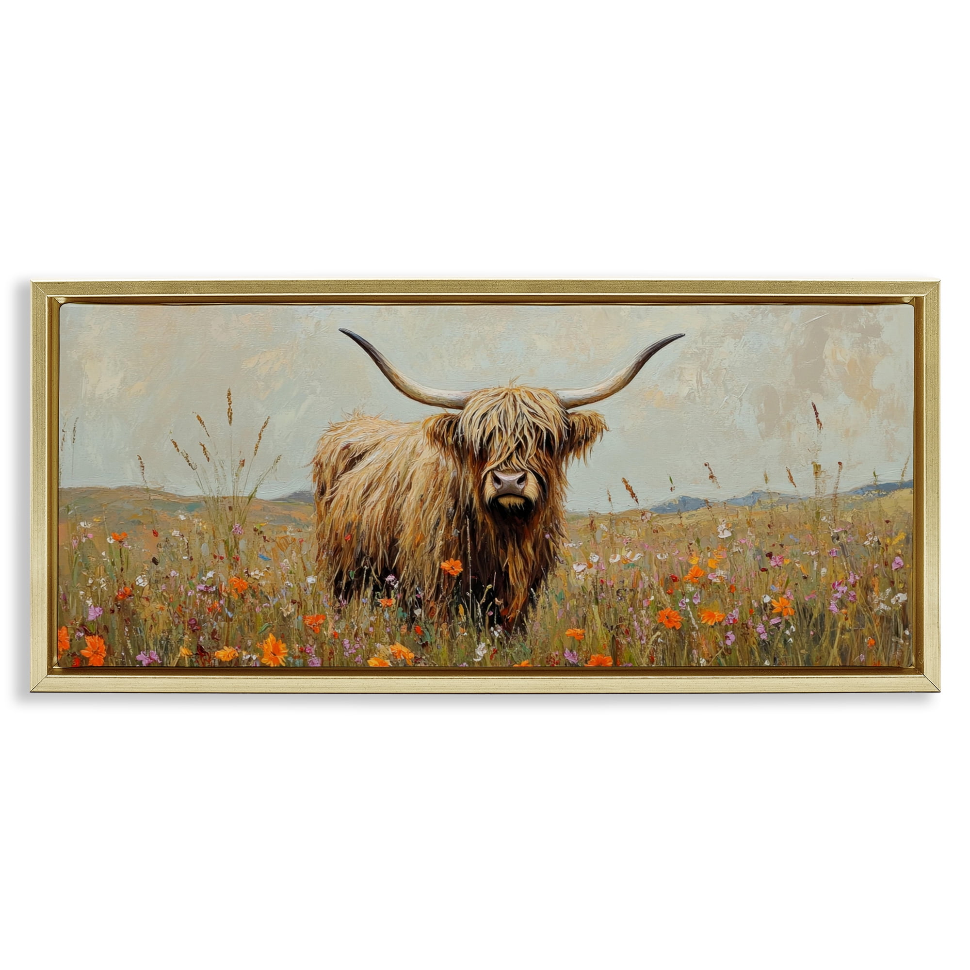 Stupell Industries Longhorn And Wildflowers Gold Framed Floater Canvas Wall Art design by Petal Prints Design, 14 x 31