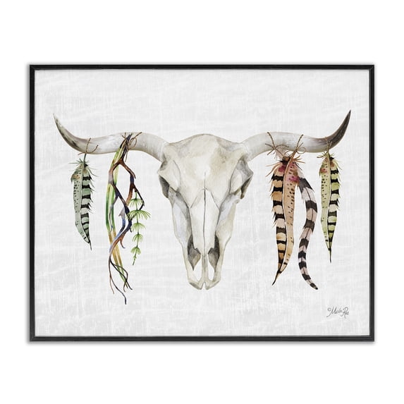 Stupell Industries Rustic Lodge Longhorn Animal Skull South Western Cattle Patterned Feathers Black Framed Giclee Art, 14 x 11, by Marla Rae