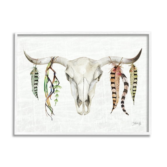 Stupell Industries Longhorn Animal Skull South Western Cattle Patterned Feathers,14 x 11, Design by Marla Rae