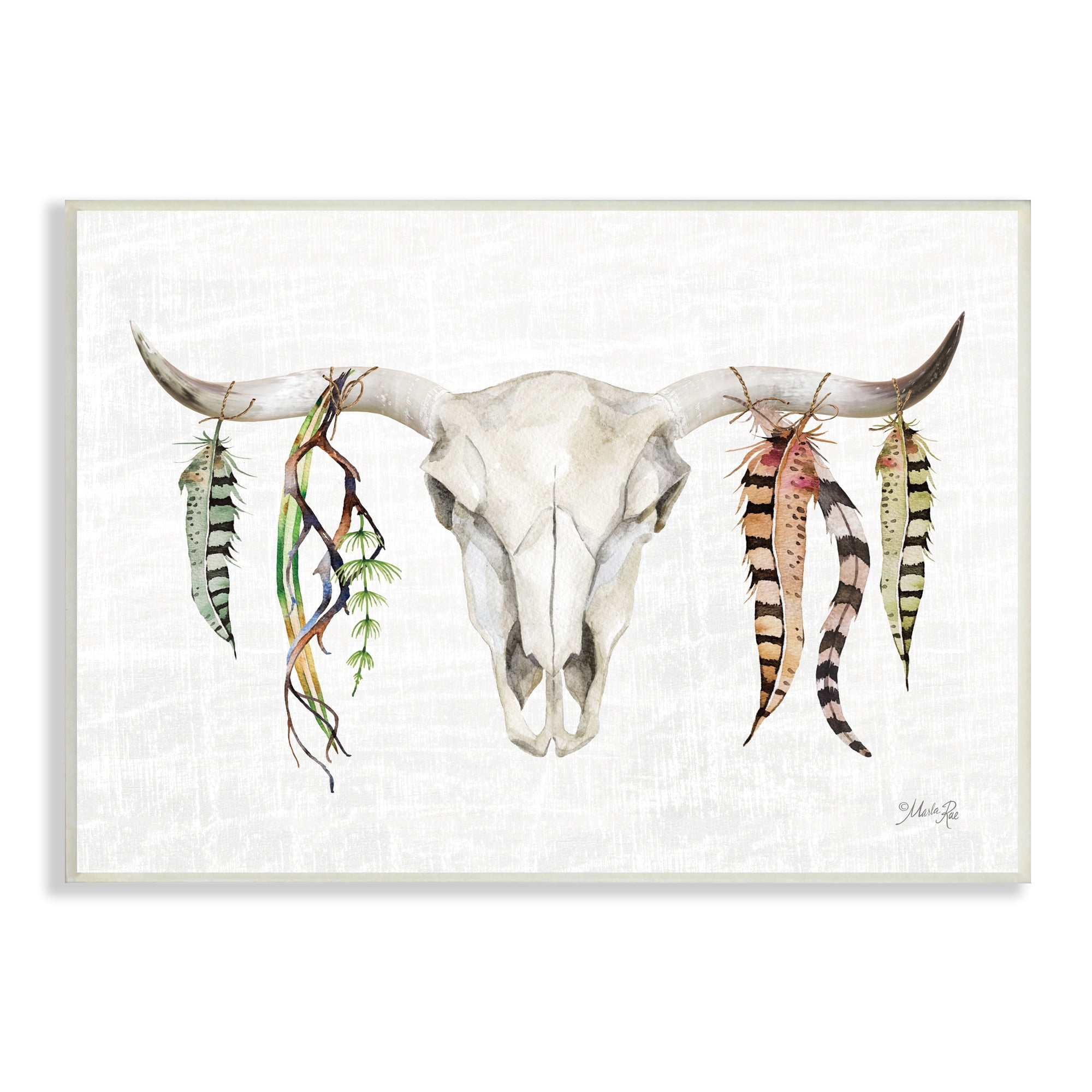 Stupell Industries Longhorn Animal Skull South Western Cattle Patterned Feathers,15 x 10, Design by Marla Rae