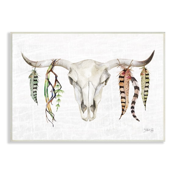 Stupell Industries Longhorn Animal Skull South Western Cattle Patterned Feathers,15 x 10, Design by Marla Rae