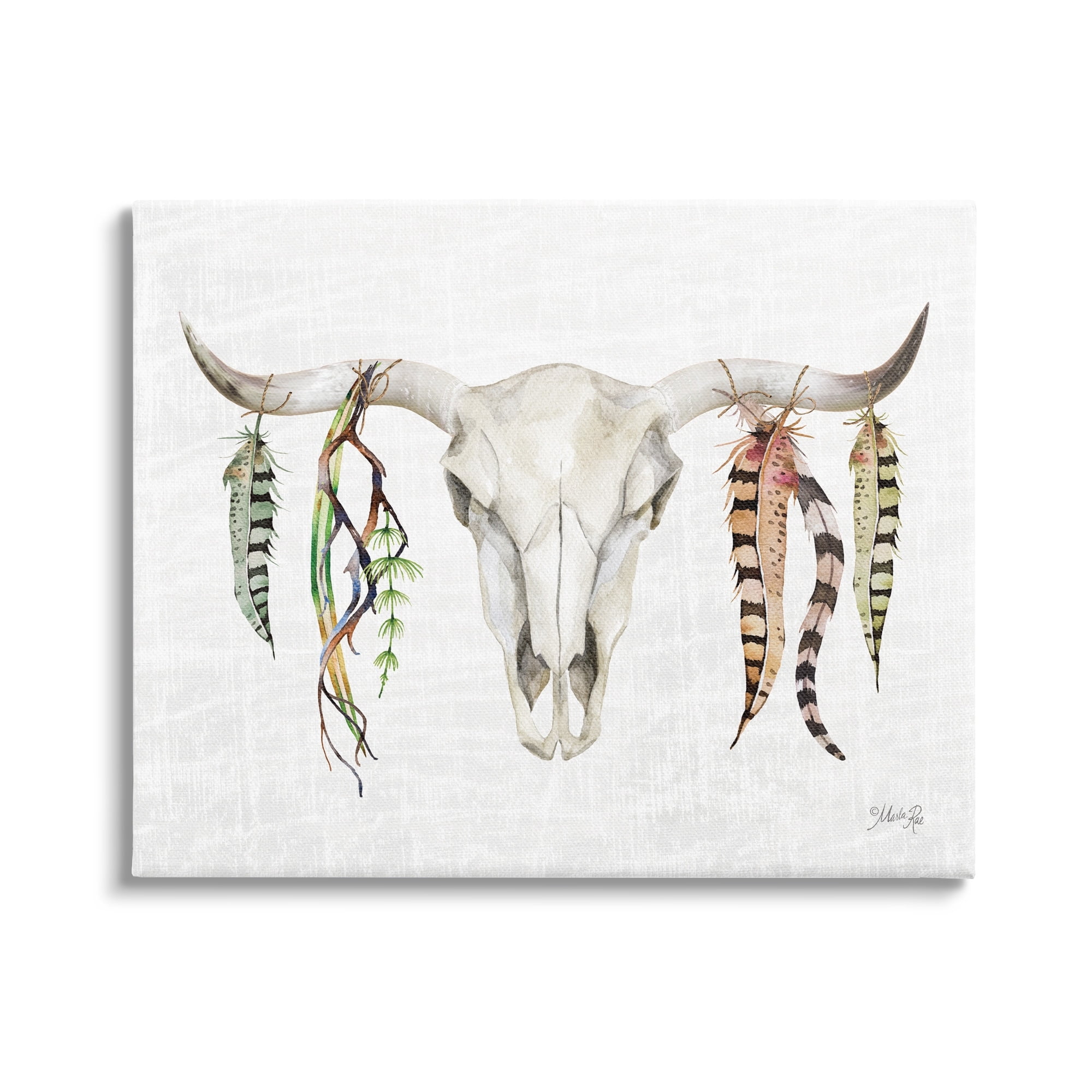 Stupell Industries Longhorn Animal Skull South Western Cattle Patterned Feathers,20 x 16, Design by Marla Rae