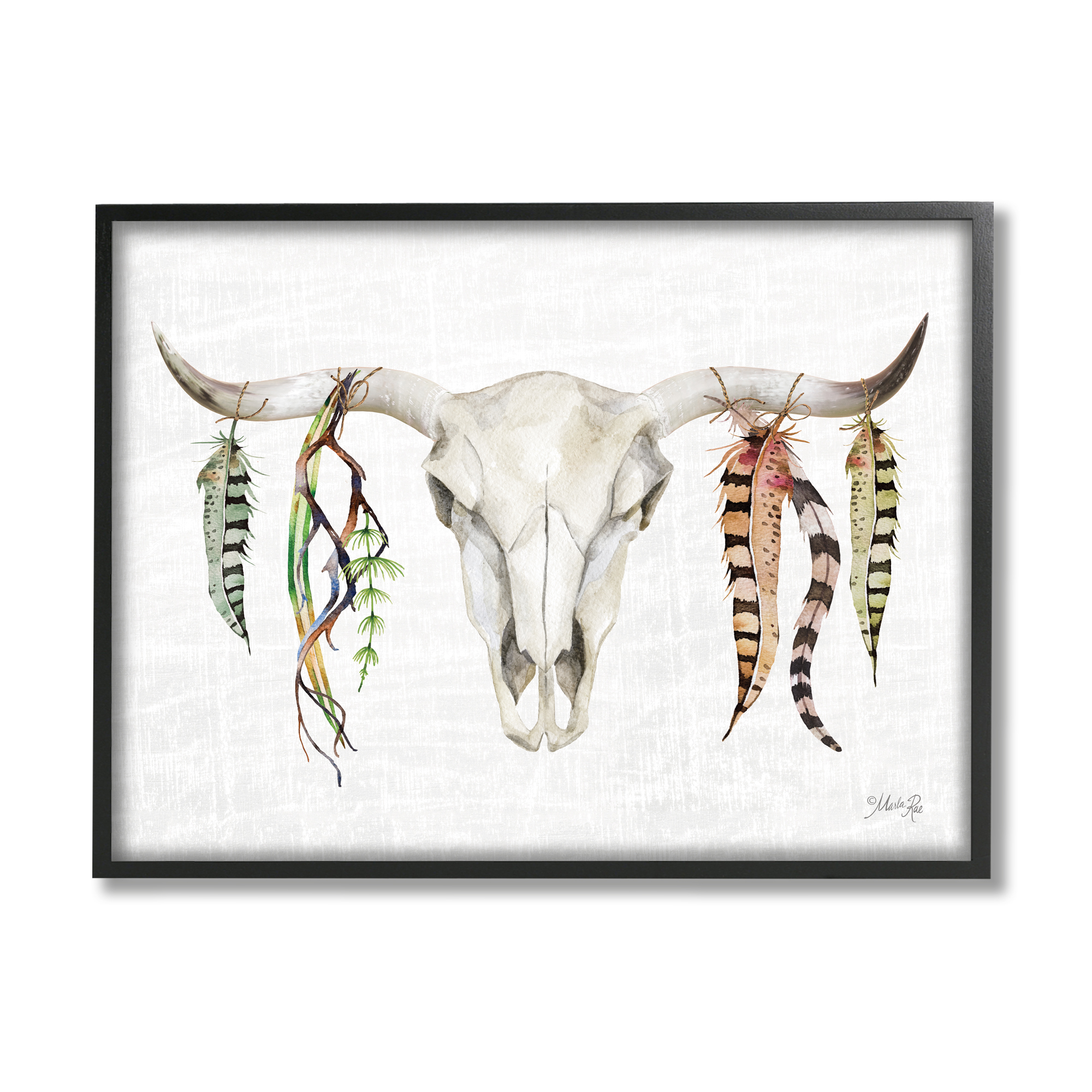 Stupell Industries Longhorn Animal Skull South Western Cattle Patterned Feathers,20 x 16, Design by Marla Rae