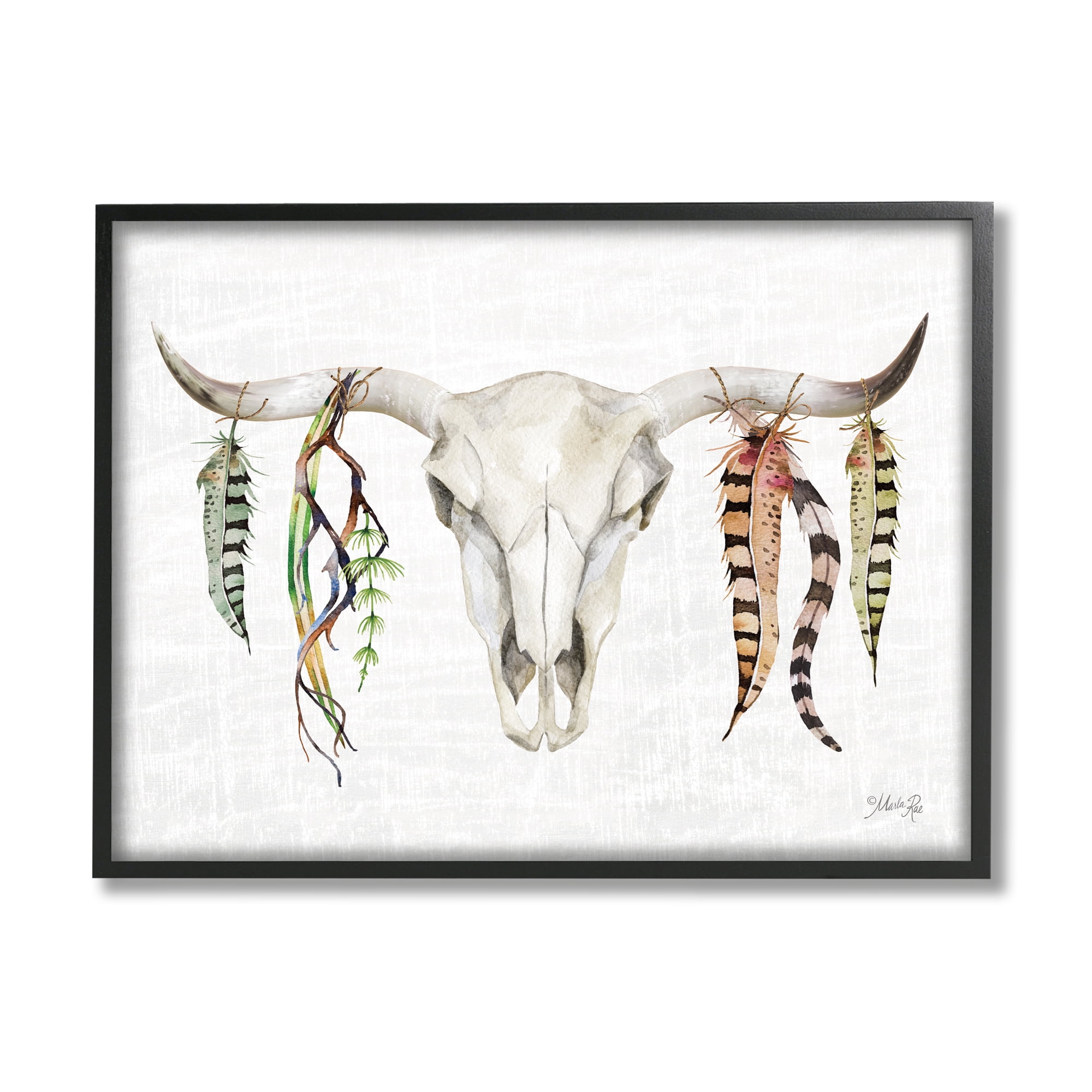 Stupell Industries Longhorn Animal Skull South Western Cattle Patterned Feathers,30 x 24, Design by Marla Rae