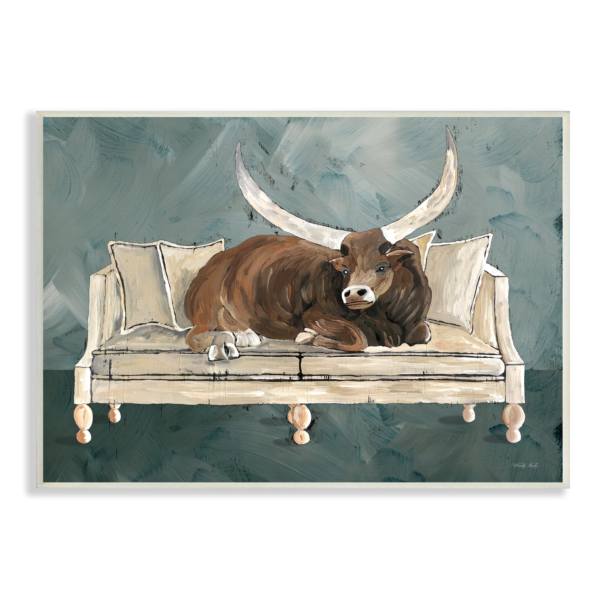 Stupell Industries Longhorn Bull Laying Living Room Couch Green Gray, 19 x 13, Design by Cindy Jacobs