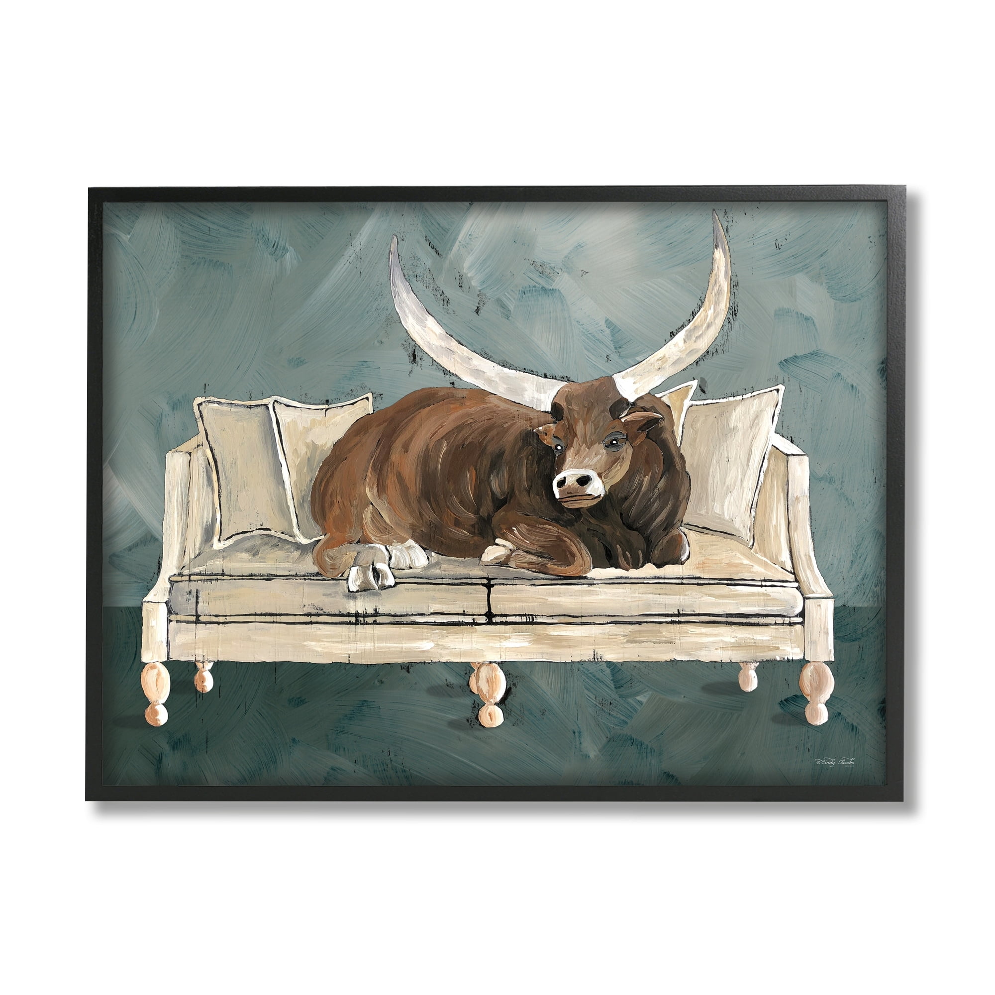 Stupell Industries Longhorn Bull Laying Living Room Couch Green Gray, 20 x 16, Design by Cindy Jacobs