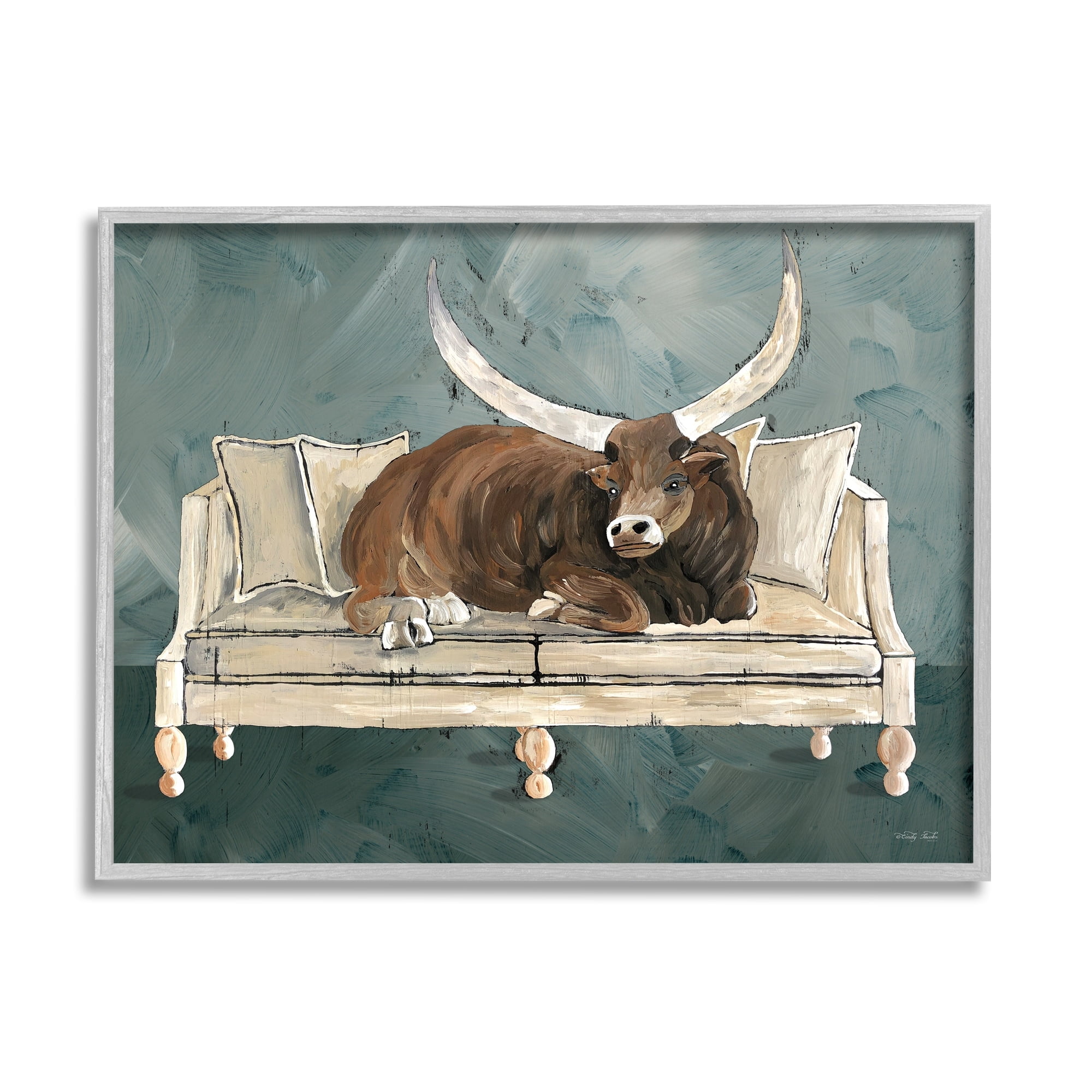 Stupell Industries Longhorn Bull Laying Living Room Couch Green Gray, 30 x 24, Design by Cindy Jacobs