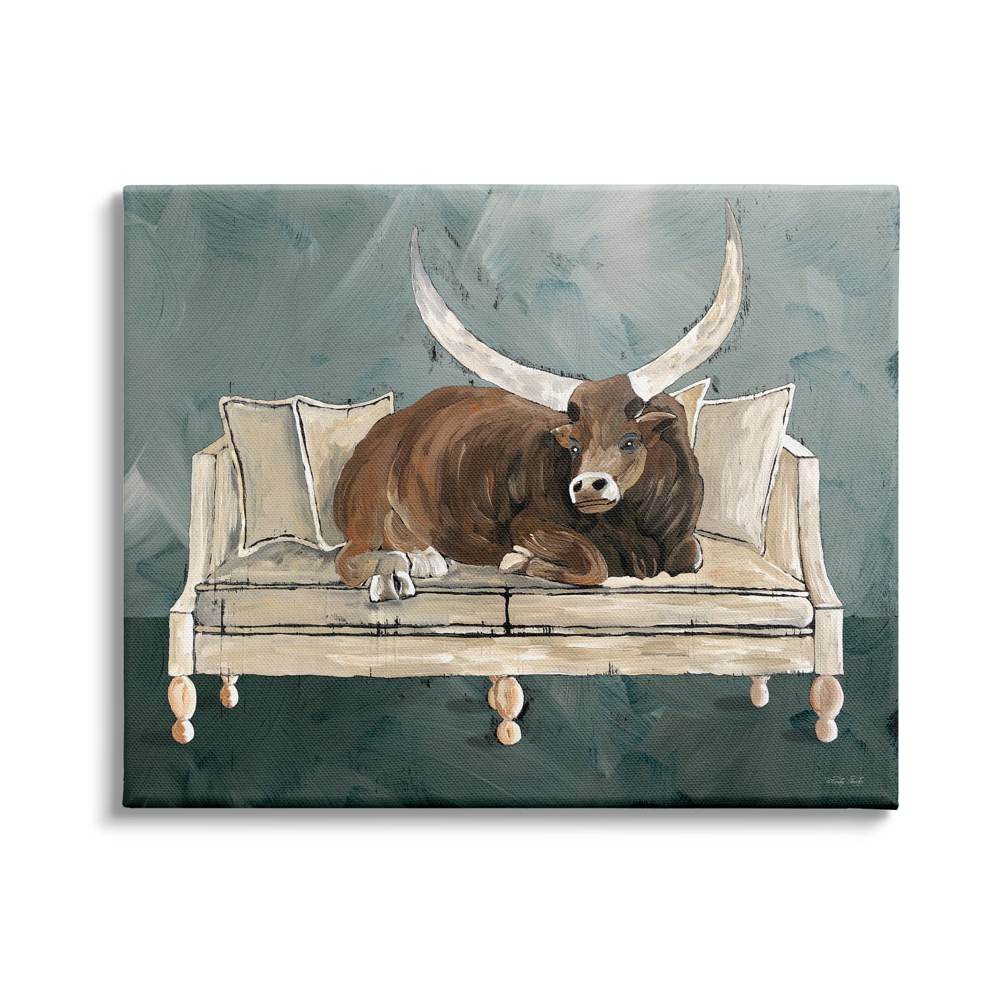Stupell Industries Longhorn Bull Laying Living Room Couch Green Gray, 48 x 36, Design by Cindy Jacobs