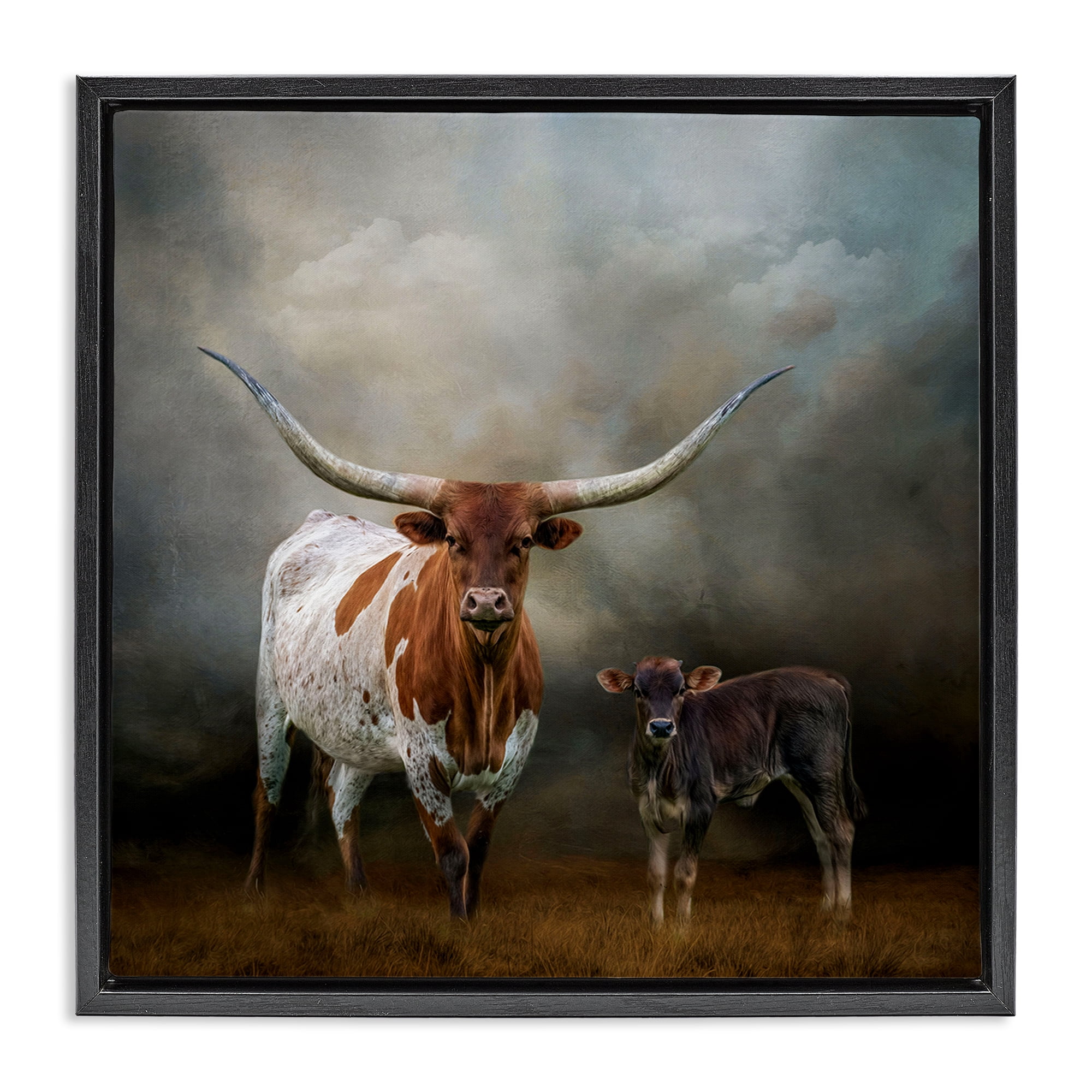 Stupell Industries Longhorn & Calf Babysitter Animals & Insects Painting Black Floater Framed Canvas Art Print Wall Art, 25 x 25