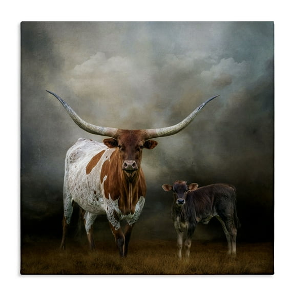 Stupell Industries Longhorn & Calf Babysitter Animals & Insects Painting Gallery Wrapped Canvas Art Print Wall Art, 17 x 17