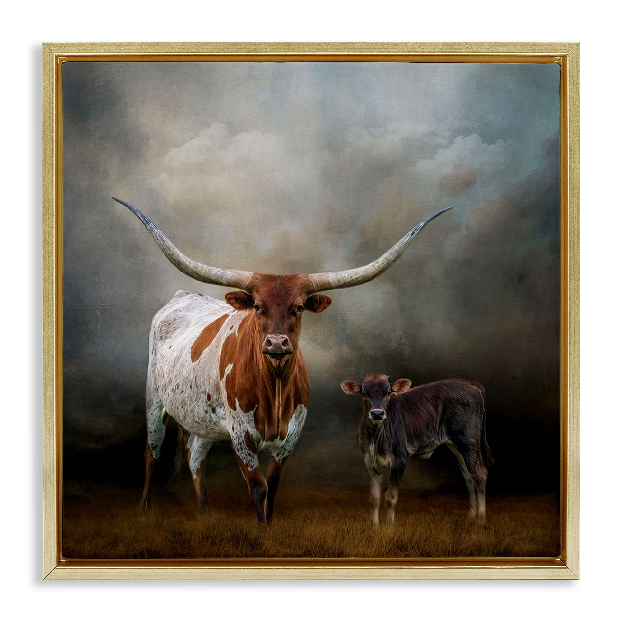 Stupell Industries Longhorn & Calf Babysitter Animals & Insects Painting Gold Floater Framed Canvas Art Print Wall Art, 25 x 25