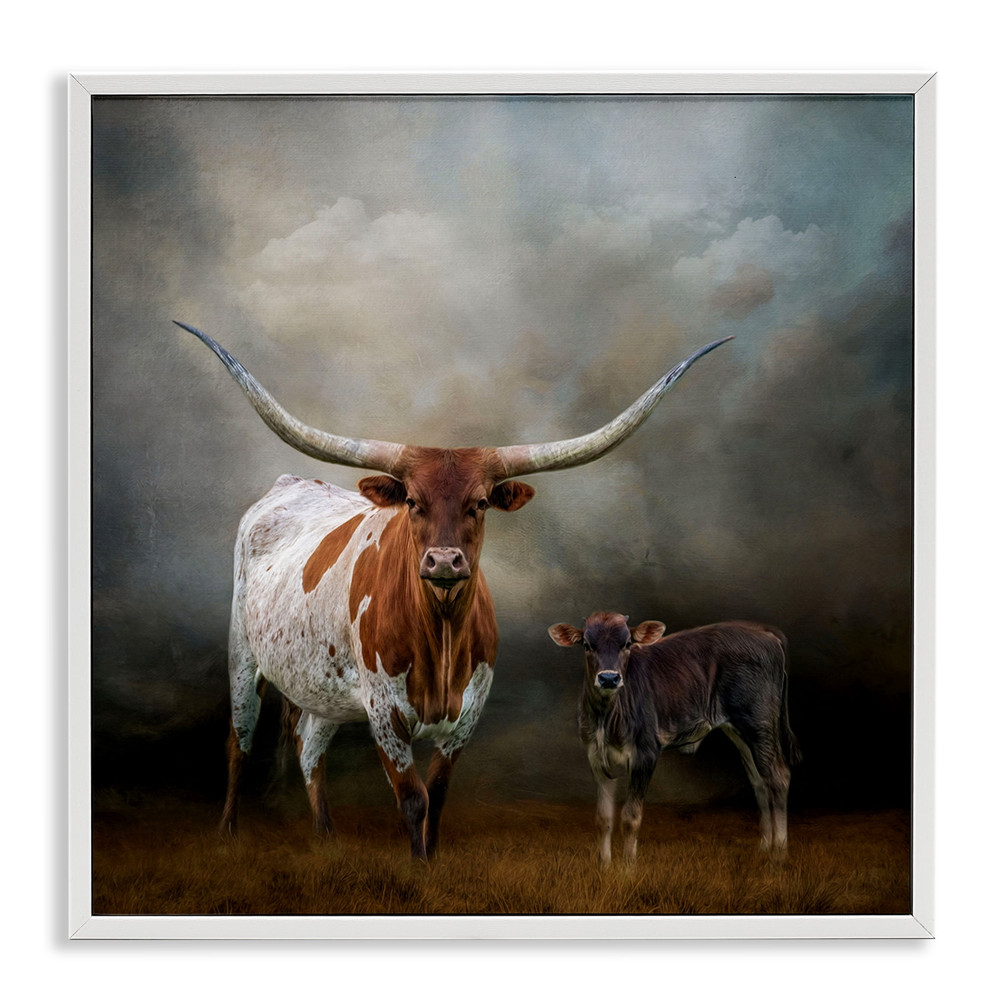 Stupell Industries Longhorn & Calf Babysitter Animals & Insects Painting White Framed Art Print Wall Art, 12 x 12