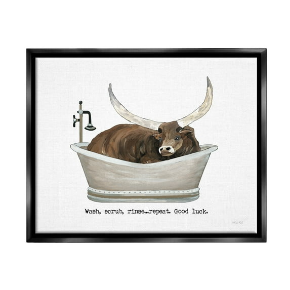 Stupell Industries Longhorn Cattle Bathtub Country Bathroom Typography Graphic Art Jet Black Floating Framed Canvas Print Wall Art, Design by Cindy Jacobs