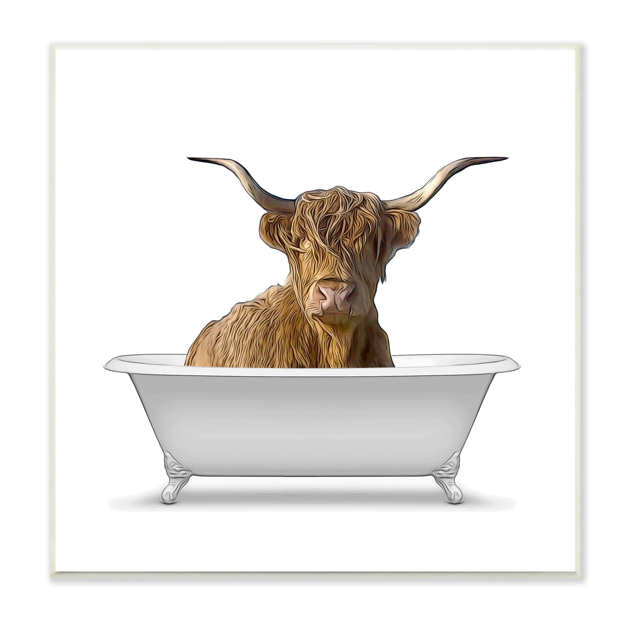 Stupell Industries Longhorn Cattle Bathtub Minimalistic Cute Farmhouse Design Novelty Painting Unframed Art Print Wall Art, 12 x 12, Design by Annalisa Latella