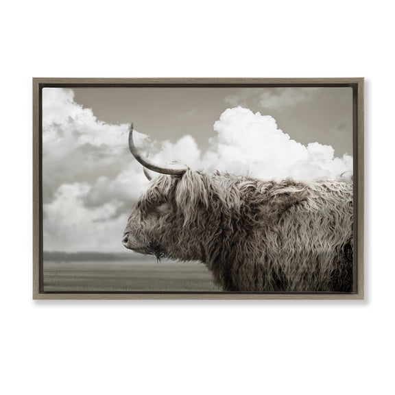 Stupell Industries Longhorn Cattle & Clouds View Animals Photography Brown Floater Framed Canvas Art Print Wall Art, 25 x 17