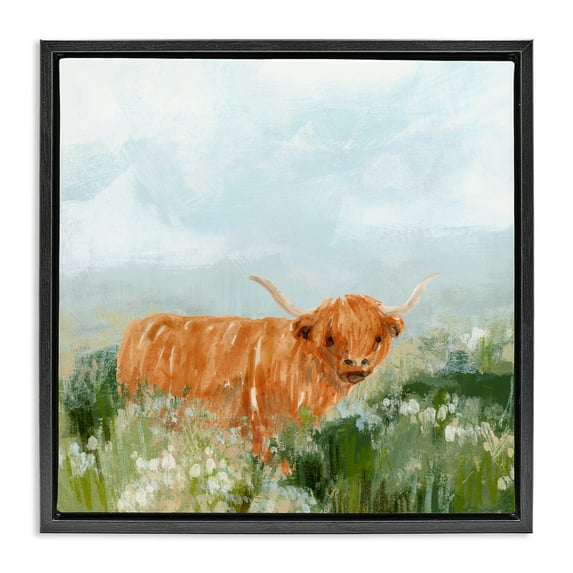 Stupell Industries Longhorn Cattle Country Field Animals & Insects Painting Black Floater Framed Canvas Art Print Wall Art, 25 x 25