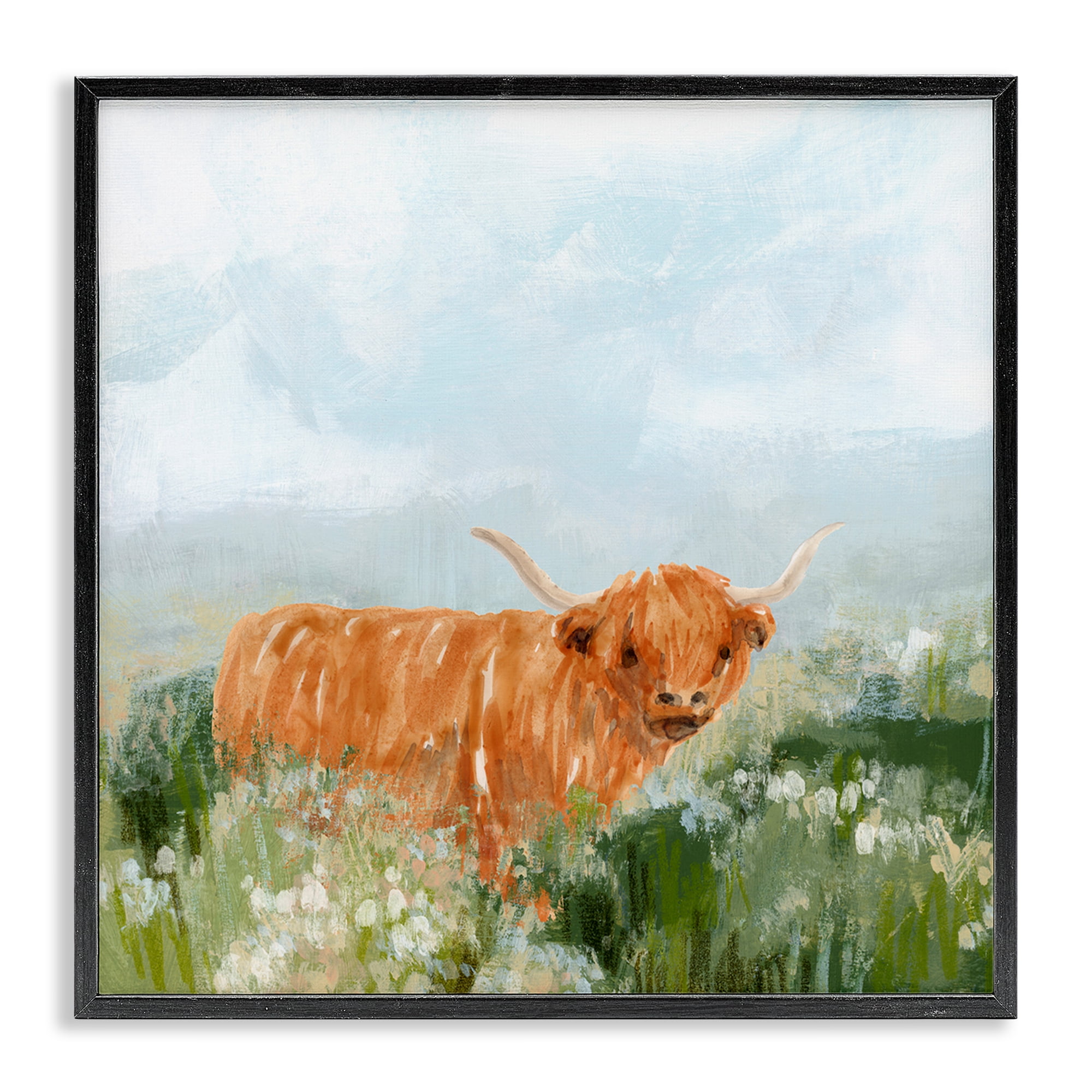 Stupell Industries Longhorn Cattle Country Field Animals & Insects Painting Black Framed Art Print Wall Art, 24 x 24