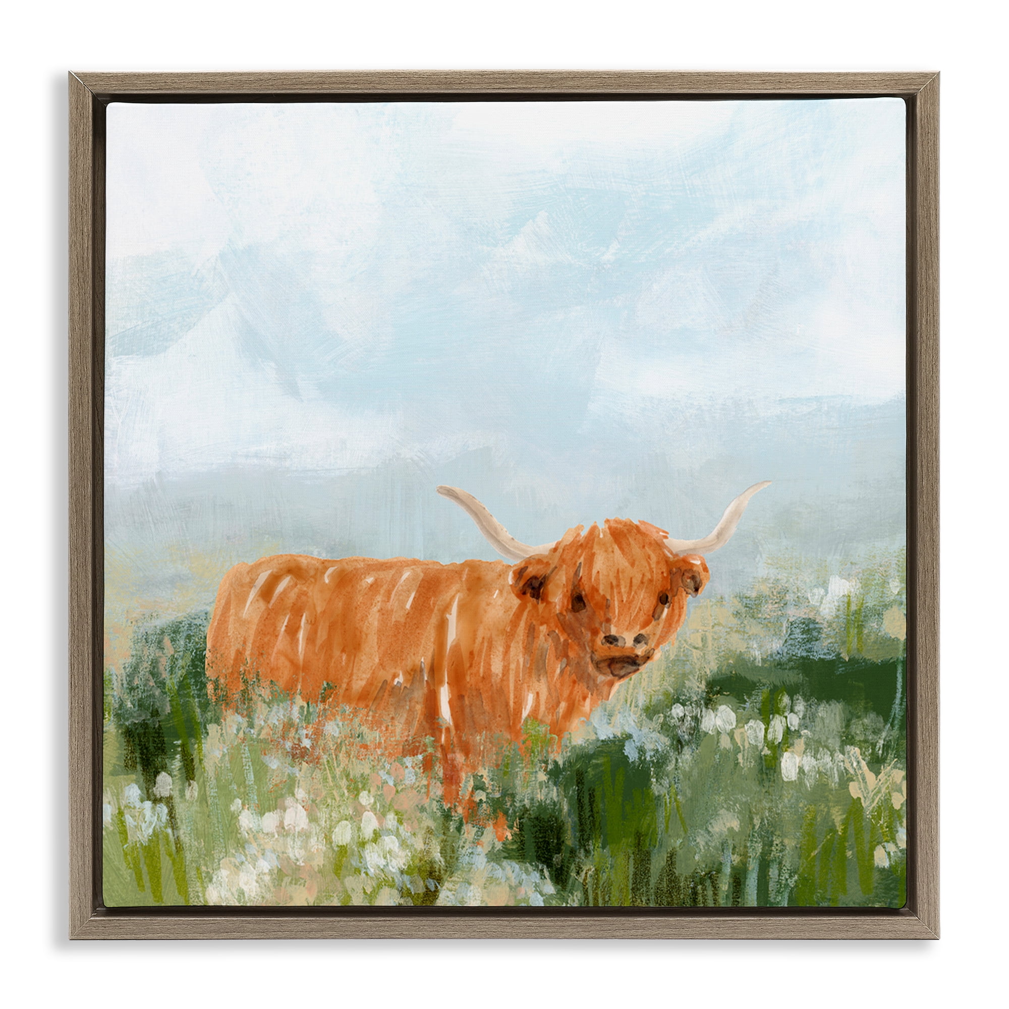 Stupell Industries Longhorn Cattle Country Field Animals & Insects Painting Brown Floater Framed Canvas Art Print Wall Art, 18 x 18