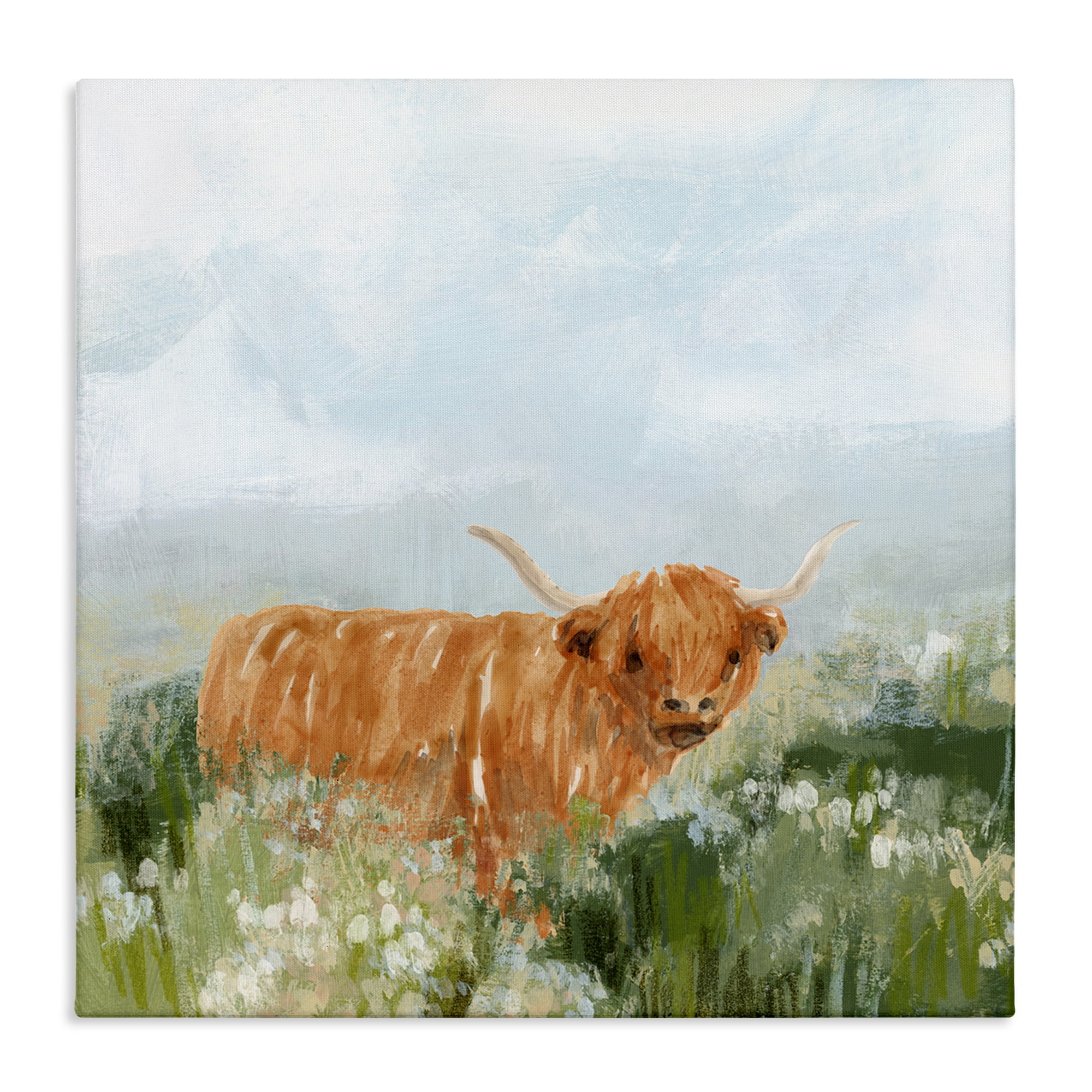Stupell Industries Longhorn Cattle Country Field Animals & Insects Painting Gallery Wrapped Canvas Art Print Wall Art, 24 x 24