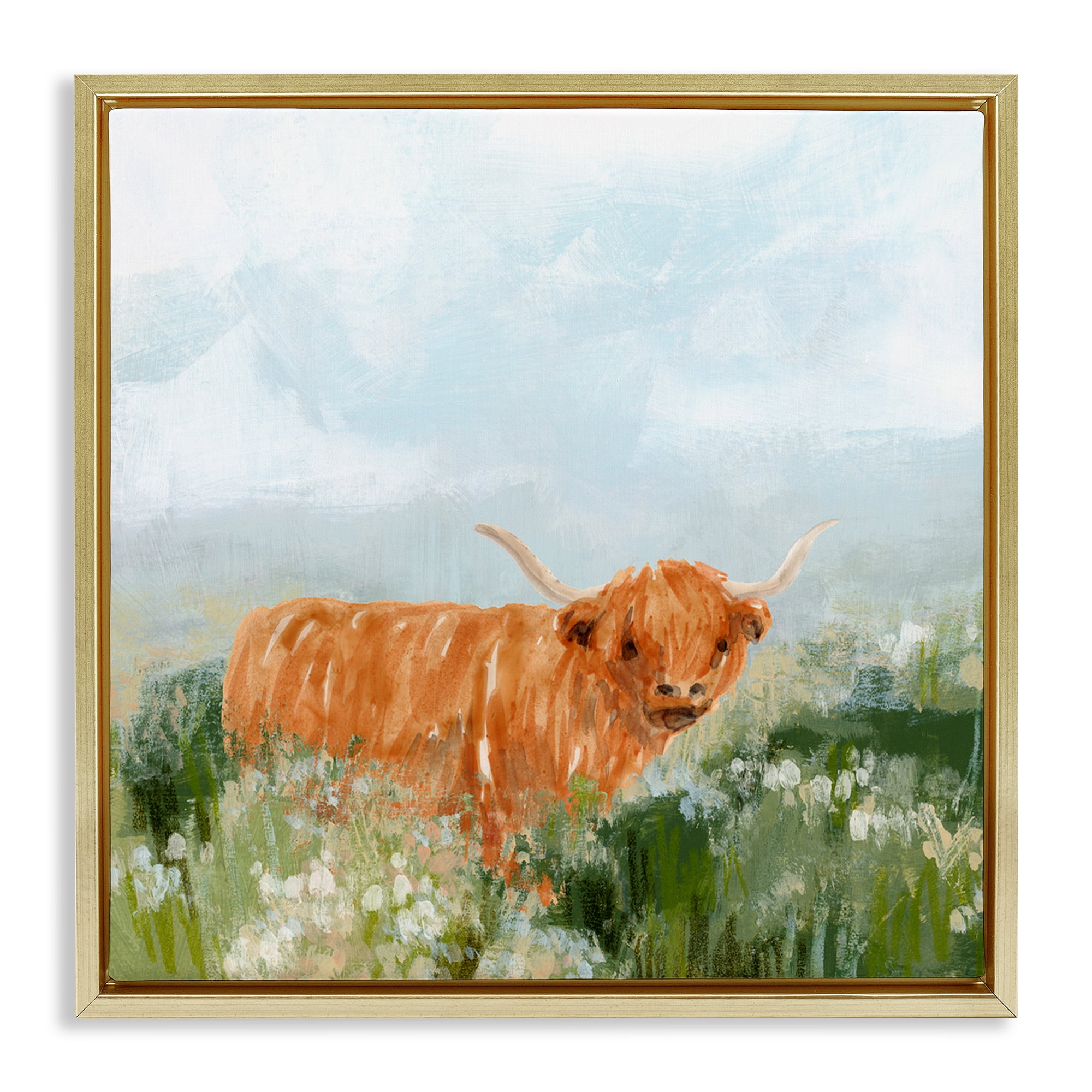 Stupell Industries Longhorn Cattle Country Field Animals & Insects Painting Gold Floater Framed Canvas Art Print Wall Art, 18 x 18