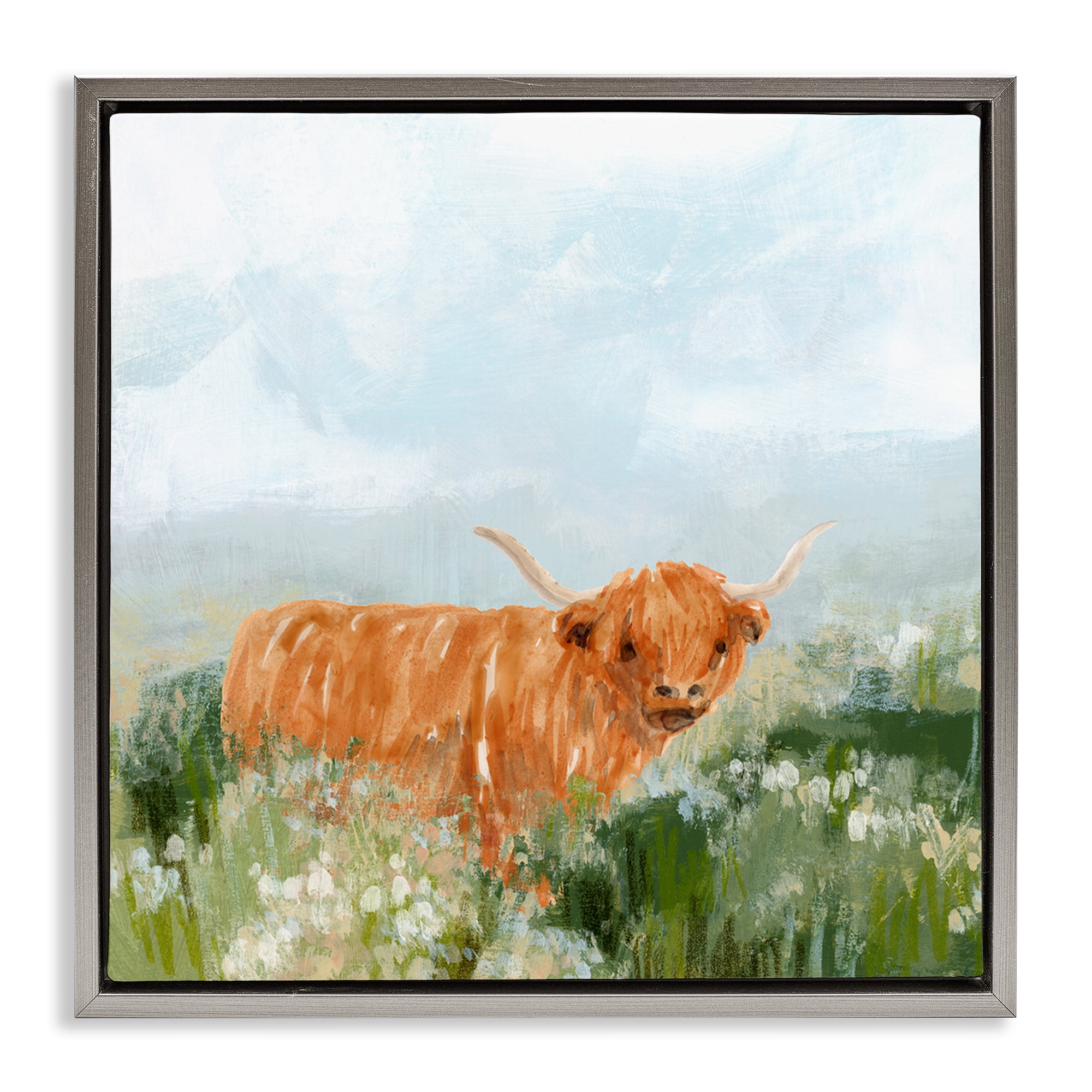 Stupell Industries Longhorn Cattle Country Field Animals & Insects Painting Gray Floater Framed Canvas Art Print Wall Art, 25 x 25