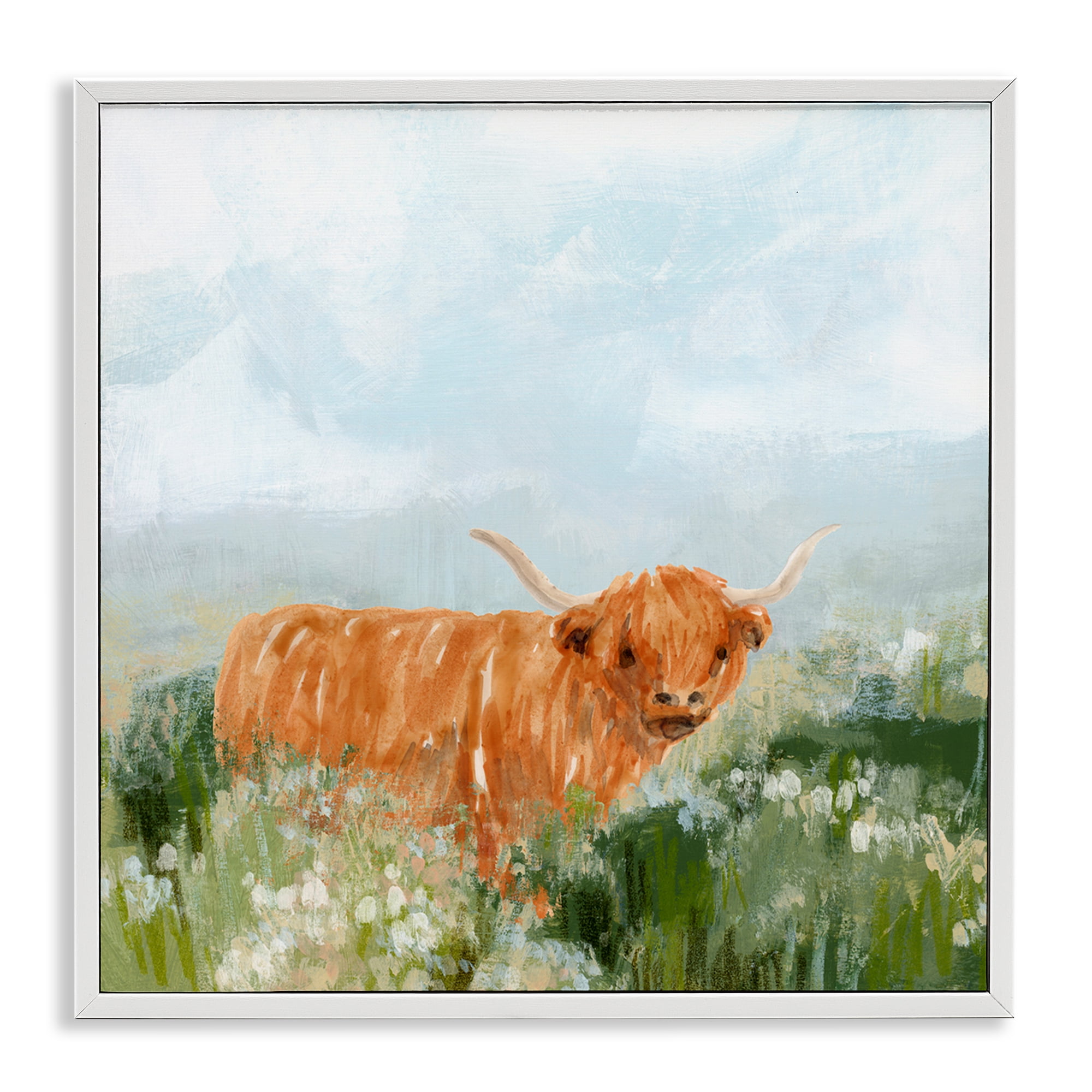 Stupell Industries Longhorn Cattle Country Field Animals & Insects Painting White Framed Art Print Wall Art, 12 x 12