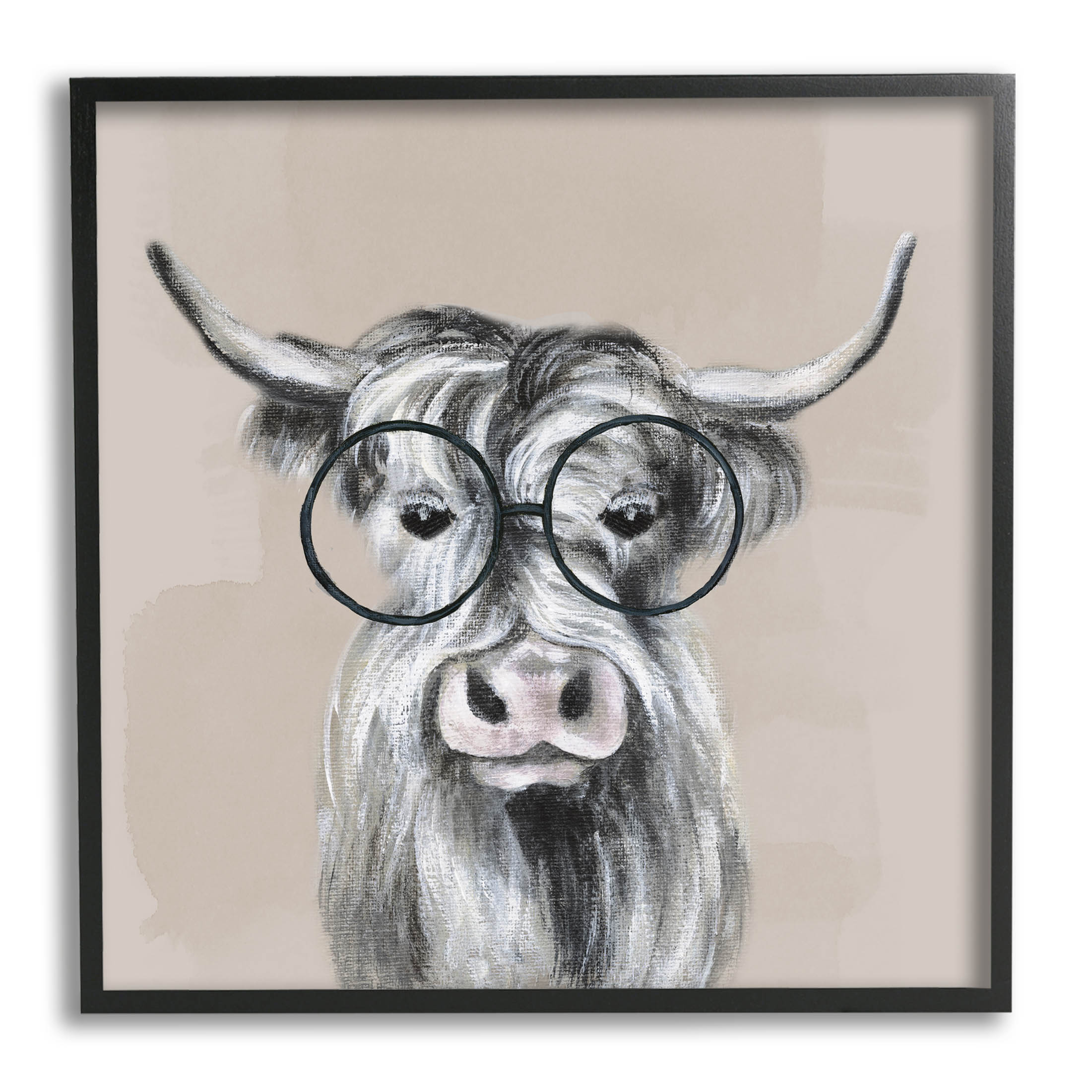 Stupell Industries Longhorn Cattle Glasses Portrait Graphic Art Black Framed Art Print Wall Art, Design by Tava Studios