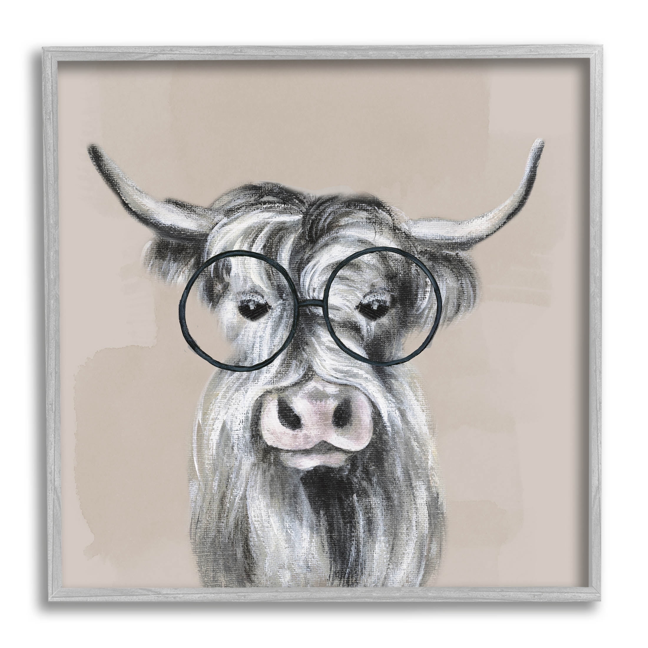Stupell Industries Longhorn Cattle Glasses Portrait Graphic Art Gray Framed Art Print Wall Art, Design by Tava Studios