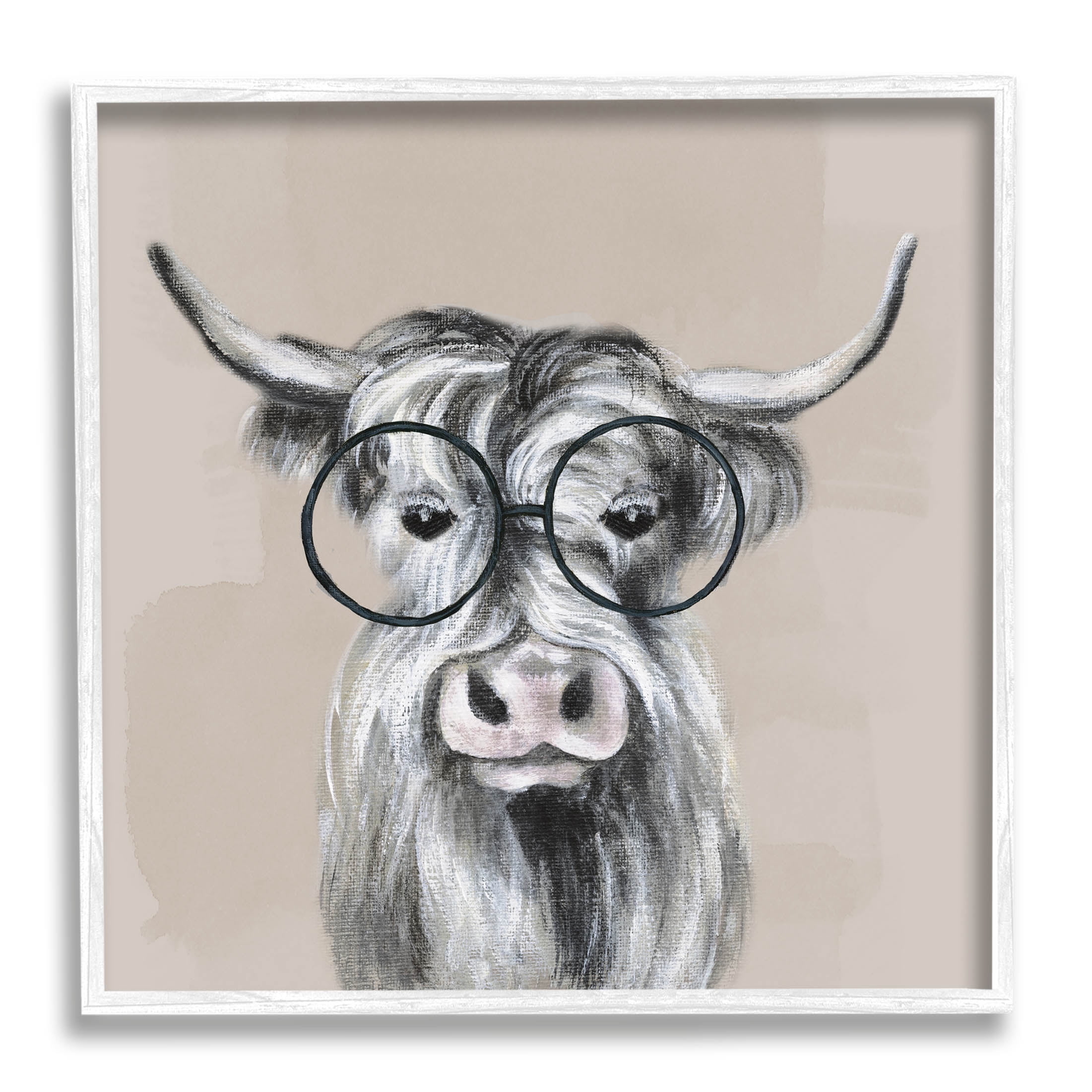 Stupell Industries Longhorn Cattle Glasses Portrait Graphic Art White Framed Art Print Wall Art, Design by Tava Studios