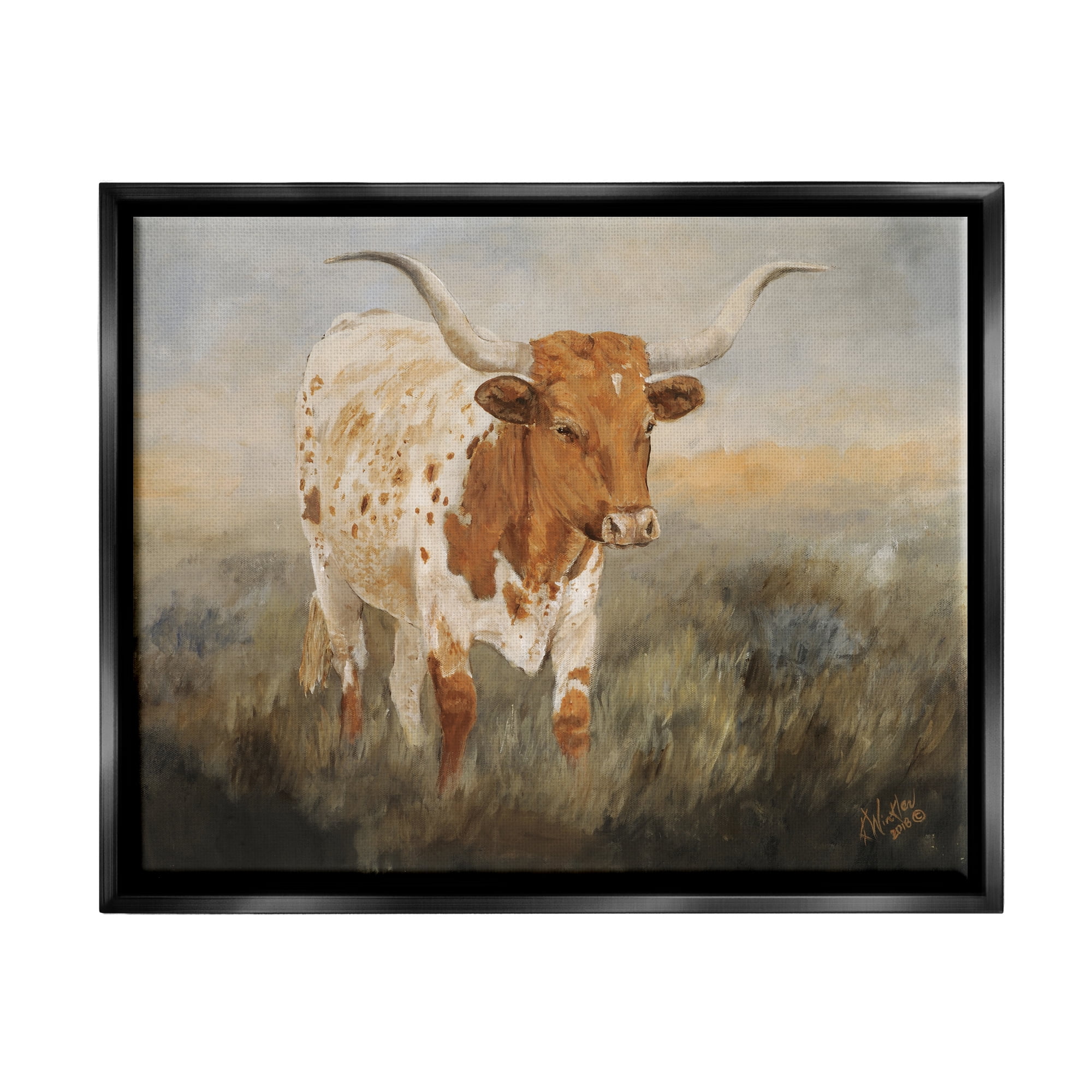 Stupell Industries Longhorn Cattle Grazing Animals & Insects Painting Black Floater Framed Art Print Wall Art