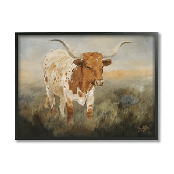 Stupell Industries Longhorn Cattle Grazing Animals & Insects Painting Black Framed Art Print Wall Art
