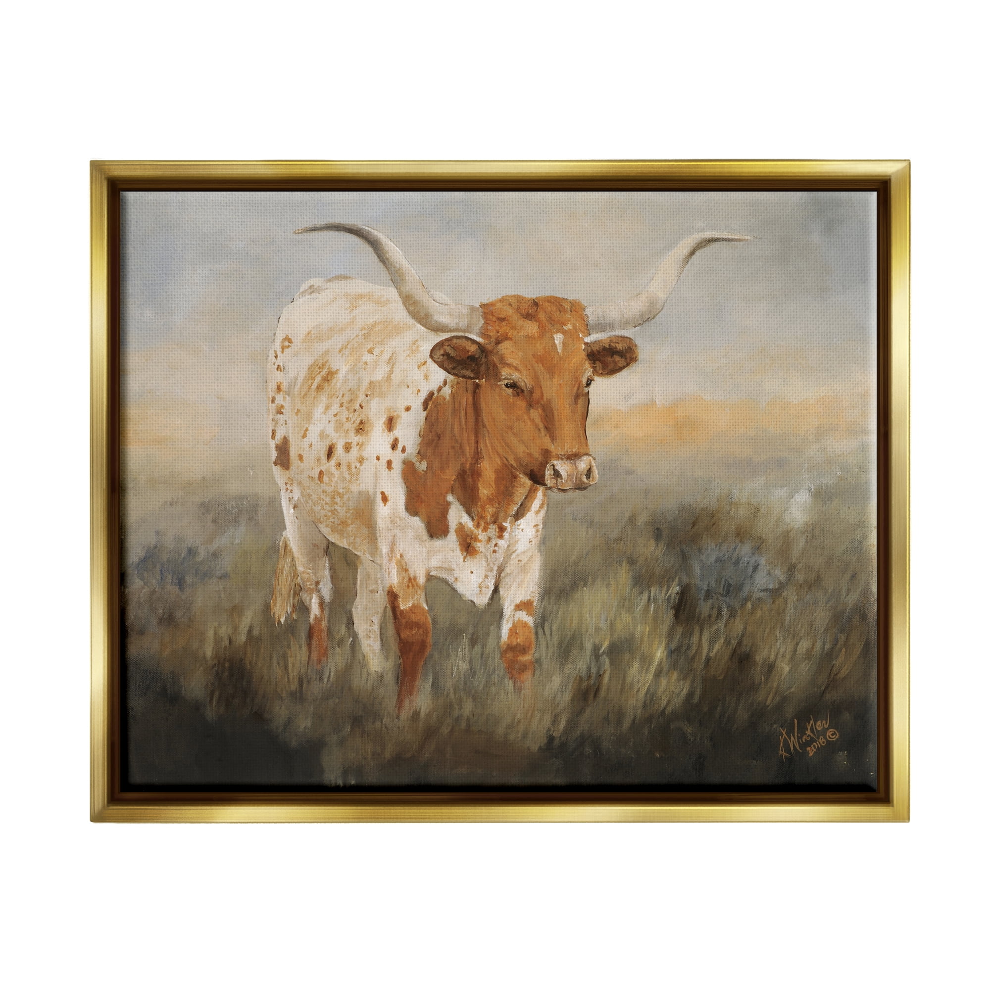 Stupell Industries Longhorn Cattle Grazing Animals & Insects Painting Gold Floater Framed Art Print Wall Art