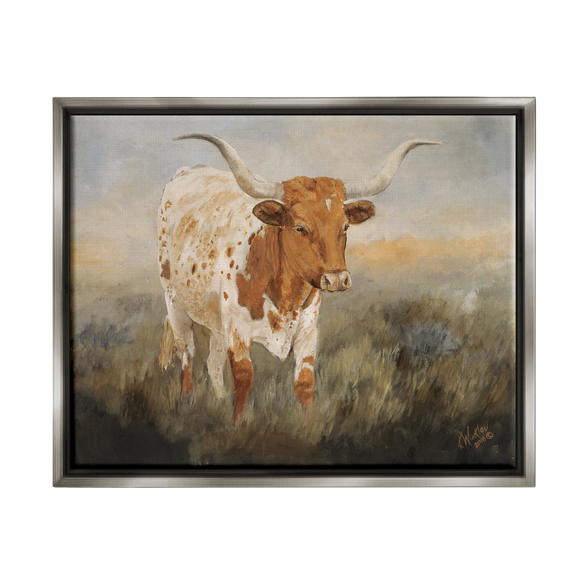 Stupell Industries Longhorn Cattle Grazing Animals & Insects Painting Gray Floater Framed Art Print Wall Art